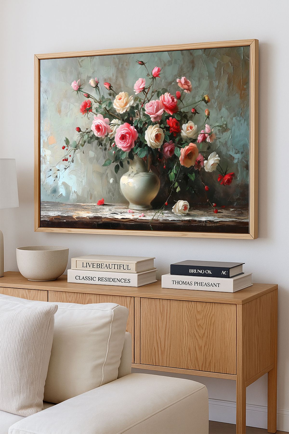 AKSU SANAT Beyaz ve Pembe Güller, Vintage ÇERÇEVELİ Kanvas Tablo, ÇİFT ÇERÇEVELİ Tablo 1KTBL130