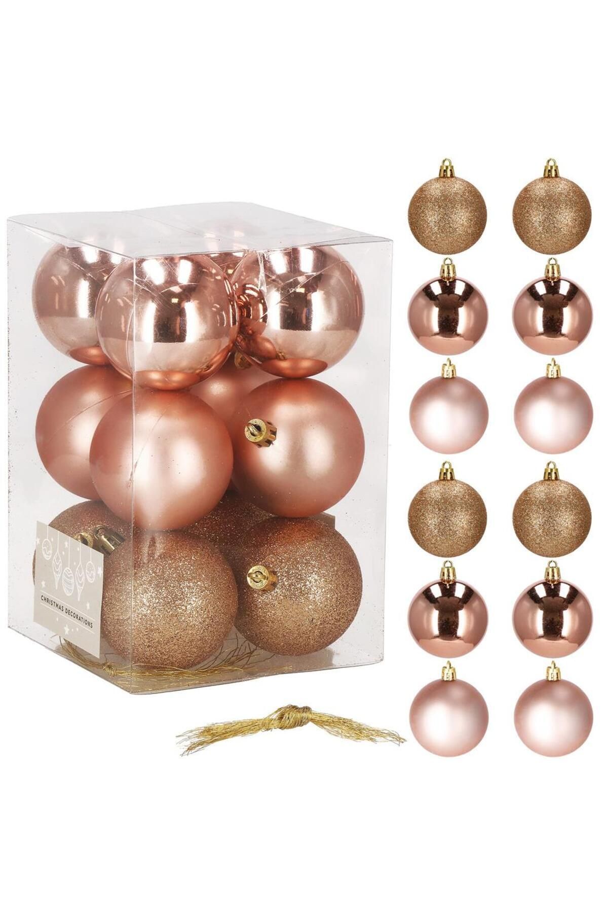 Springos-Set of 12 Christmas baubles, 6 cm, with string, matte, glitter, shiny, rose gold 3