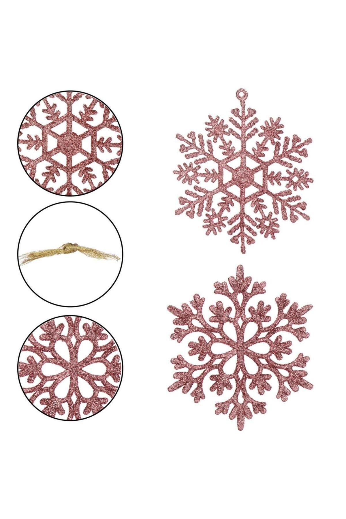 Springos-Set of 12 Snowflake Christmas Tree Decorations, 10 Cm, With String, Pink 2