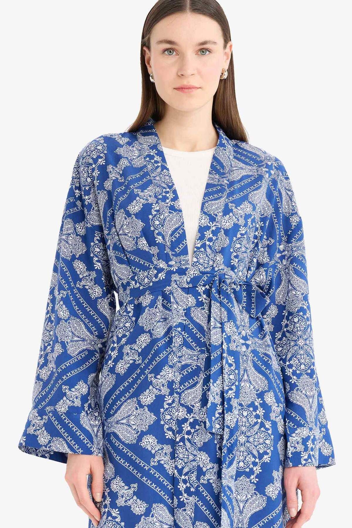 Relax Fit Bisiklet Yaka Desenli Viskon Kimono E7262AX25SM