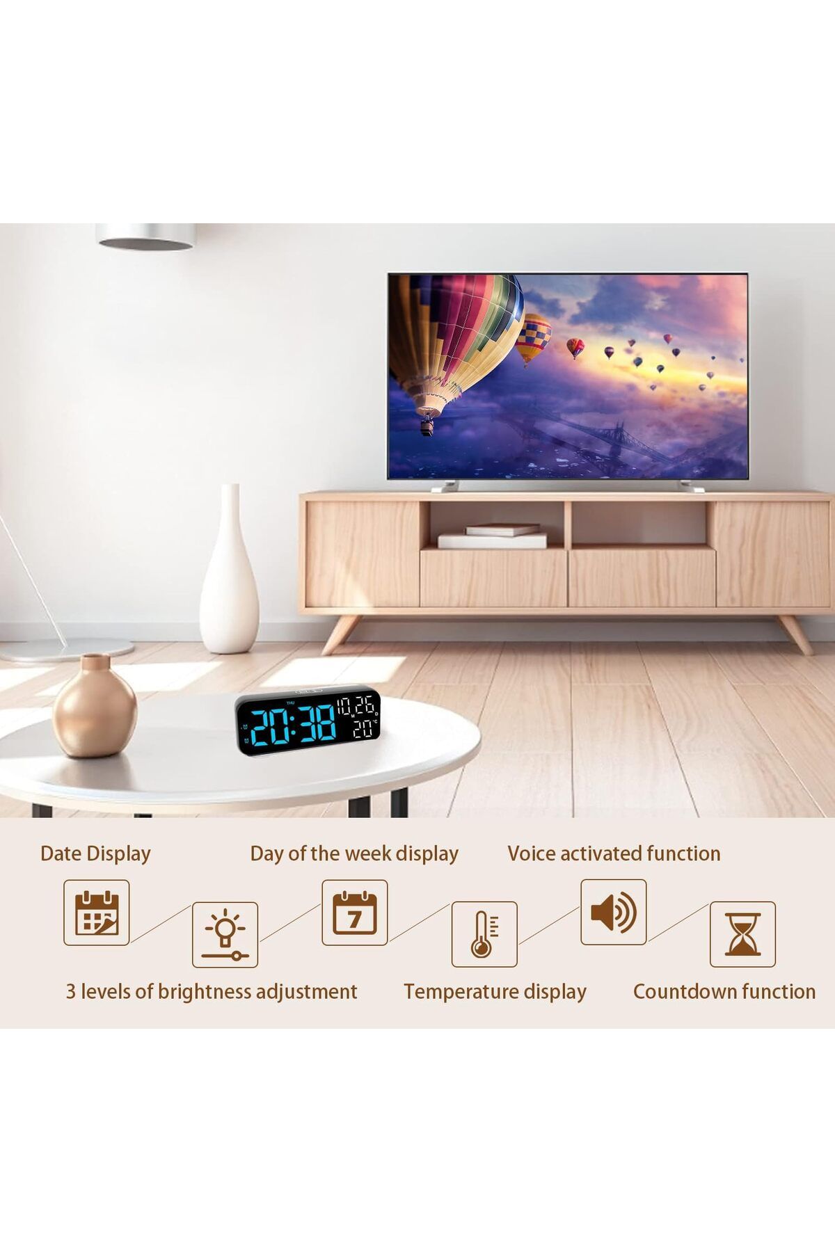 Generic-ساعة رقمية، ساعة منبه رقمية LED مع عرض التاريخ والأسبوع ودرجة الحرارة، متعددة الوظائف للتحكم في الصوت على سطح المكتب 7