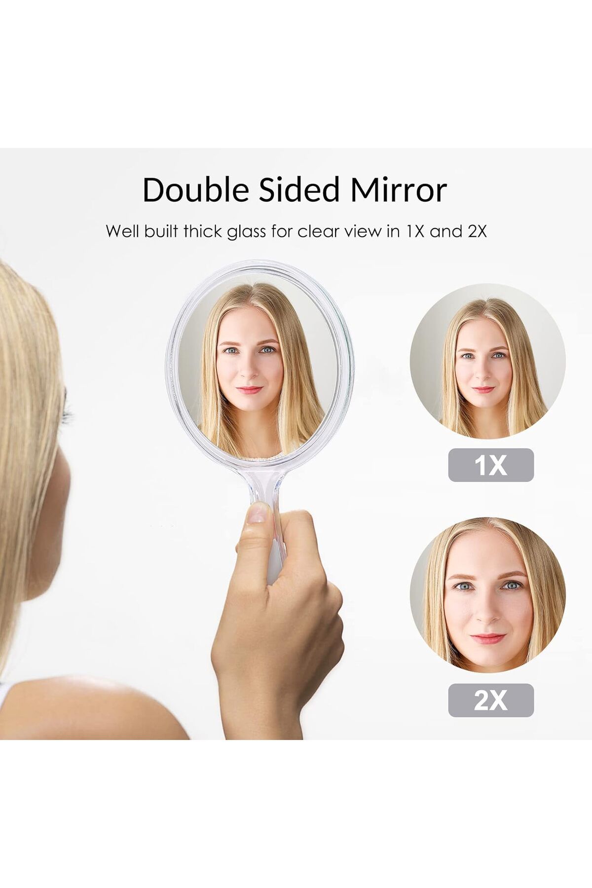 Generic-مرآة يدوية صغيرة بمقبض بعرض 3.9 بوصة × طول 8.3 بوصة، مرآة يدوية صغيرة مزدوجة الجوانب، مكبرة 1× 2× 2