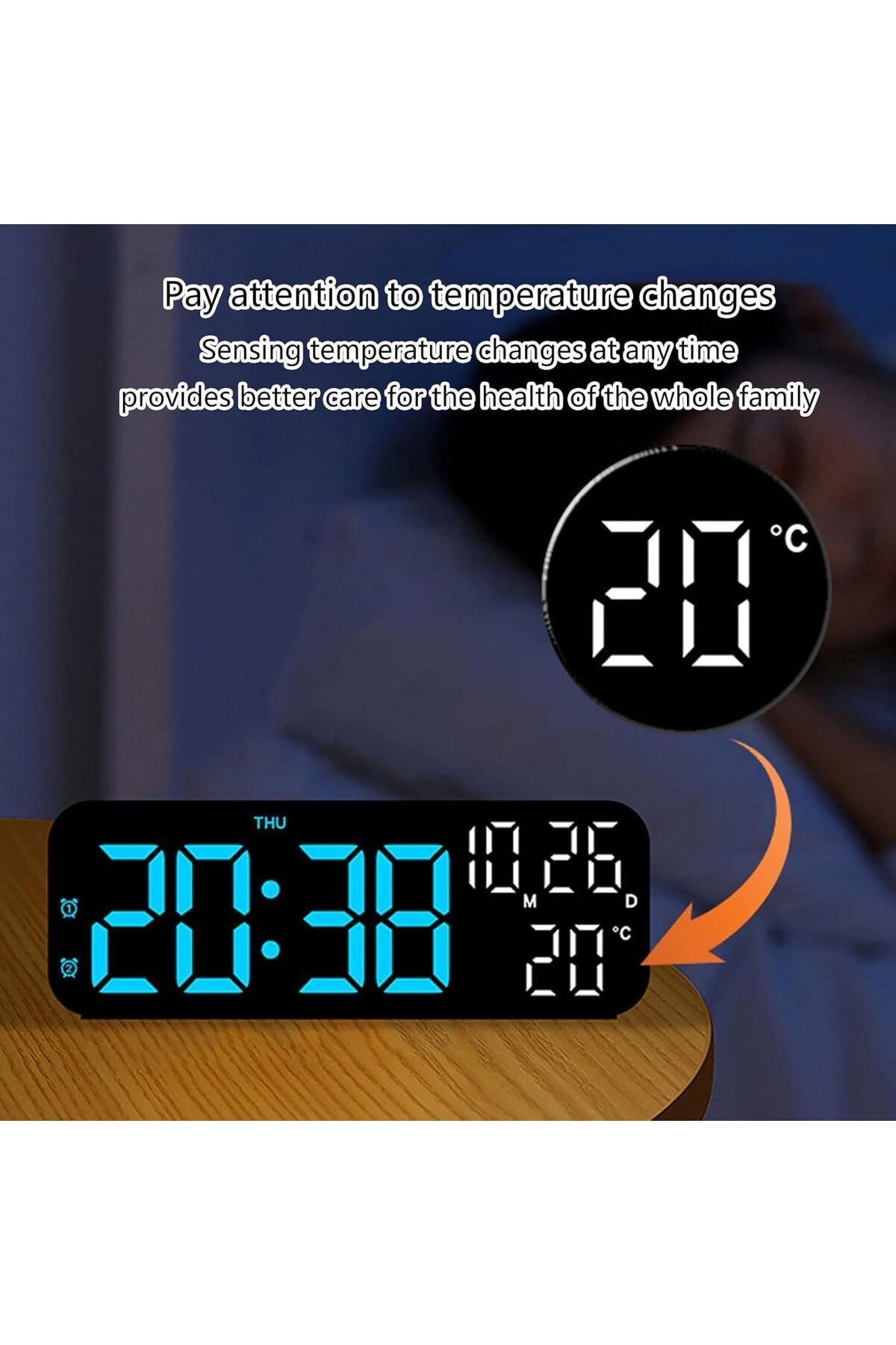 Generic-ساعة رقمية، ساعة منبه رقمية LED مع عرض التاريخ والأسبوع ودرجة الحرارة، متعددة الوظائف للتحكم في الصوت على سطح المكتب 6