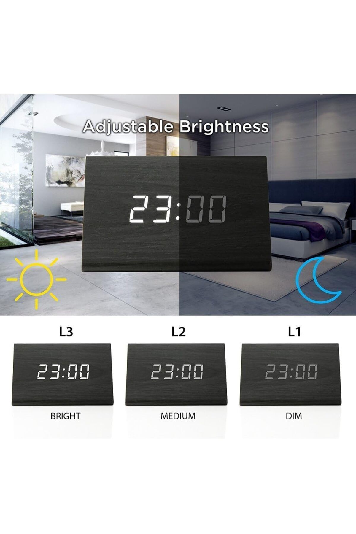 Generic-ساعة منبه رقمية من Erweicet، شاشة LED خشبية، مستشعر درجة الحرارة والرطوبة، ساعة سوداء (Bedsid) 5
