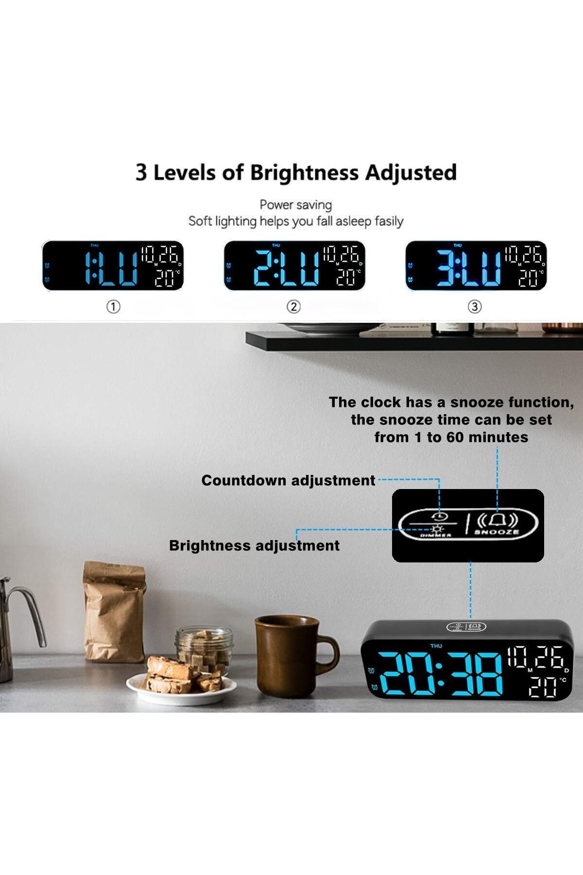 Generic-ساعة رقمية، ساعة منبه رقمية LED مع عرض التاريخ والأسبوع ودرجة الحرارة، متعددة الوظائف للتحكم في الصوت على سطح المكتب 2