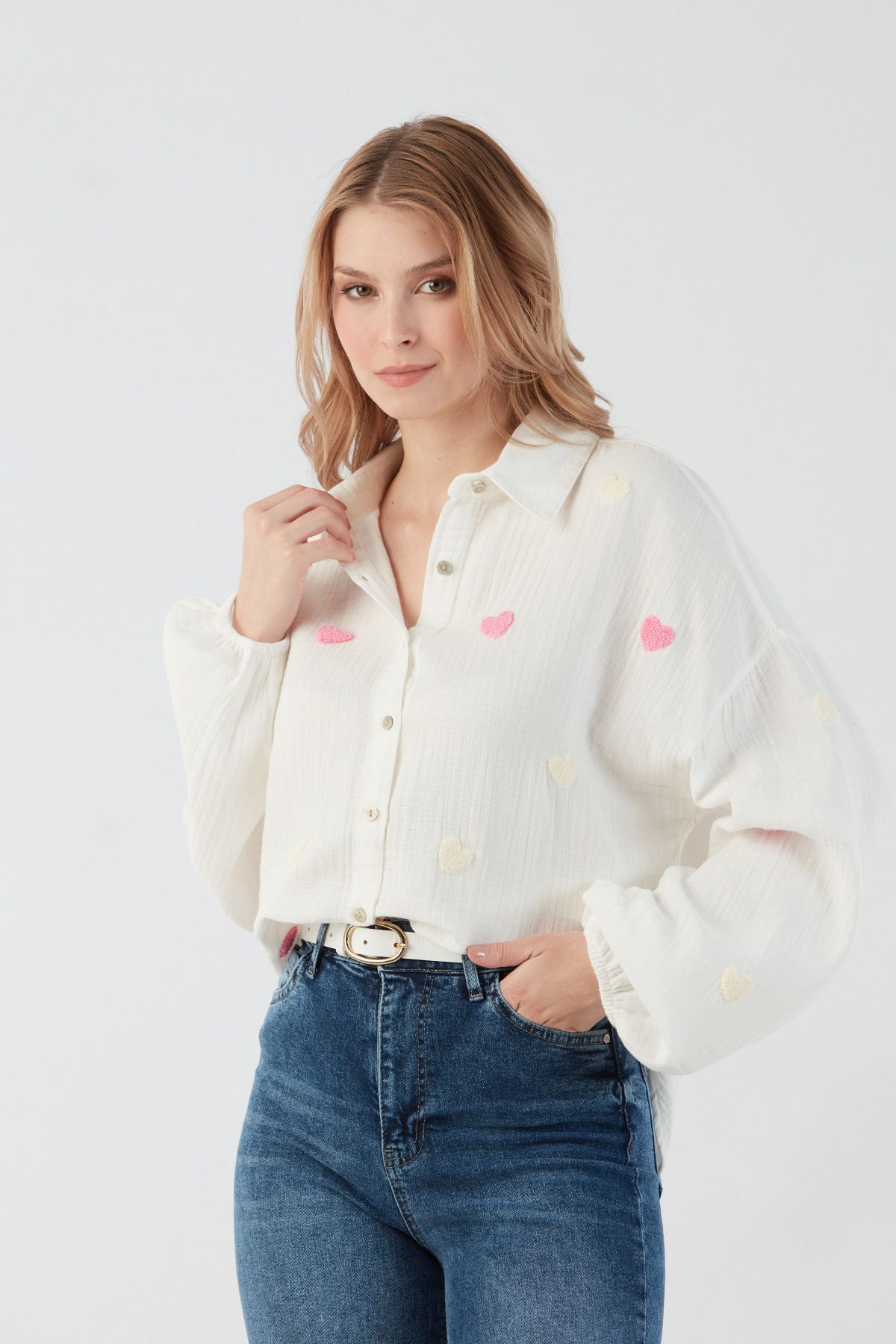 Fulla Moda Kalp Nakışlı Oversize Gömlek