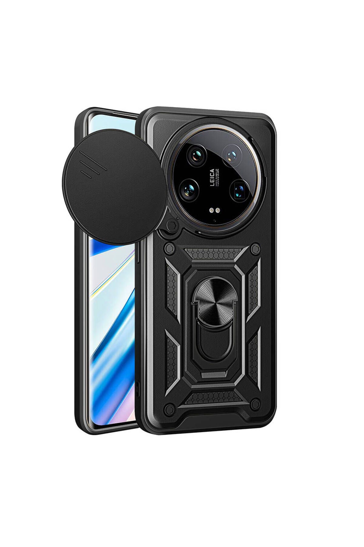 HTstore Xiaomi Uyumlu Mi 14 Ultra Kılıf Magnetik Standlı Kamera Korumalı Zore Sürgülü Vega Kapak-Siyah