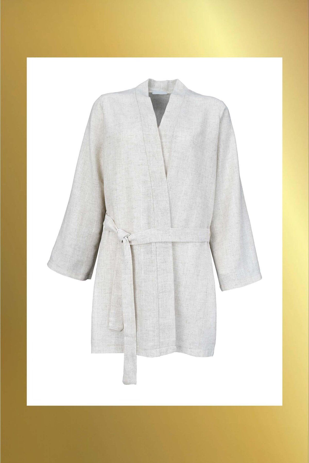 birizmoda Keten Kuşaklı Basic Kimono-Krem