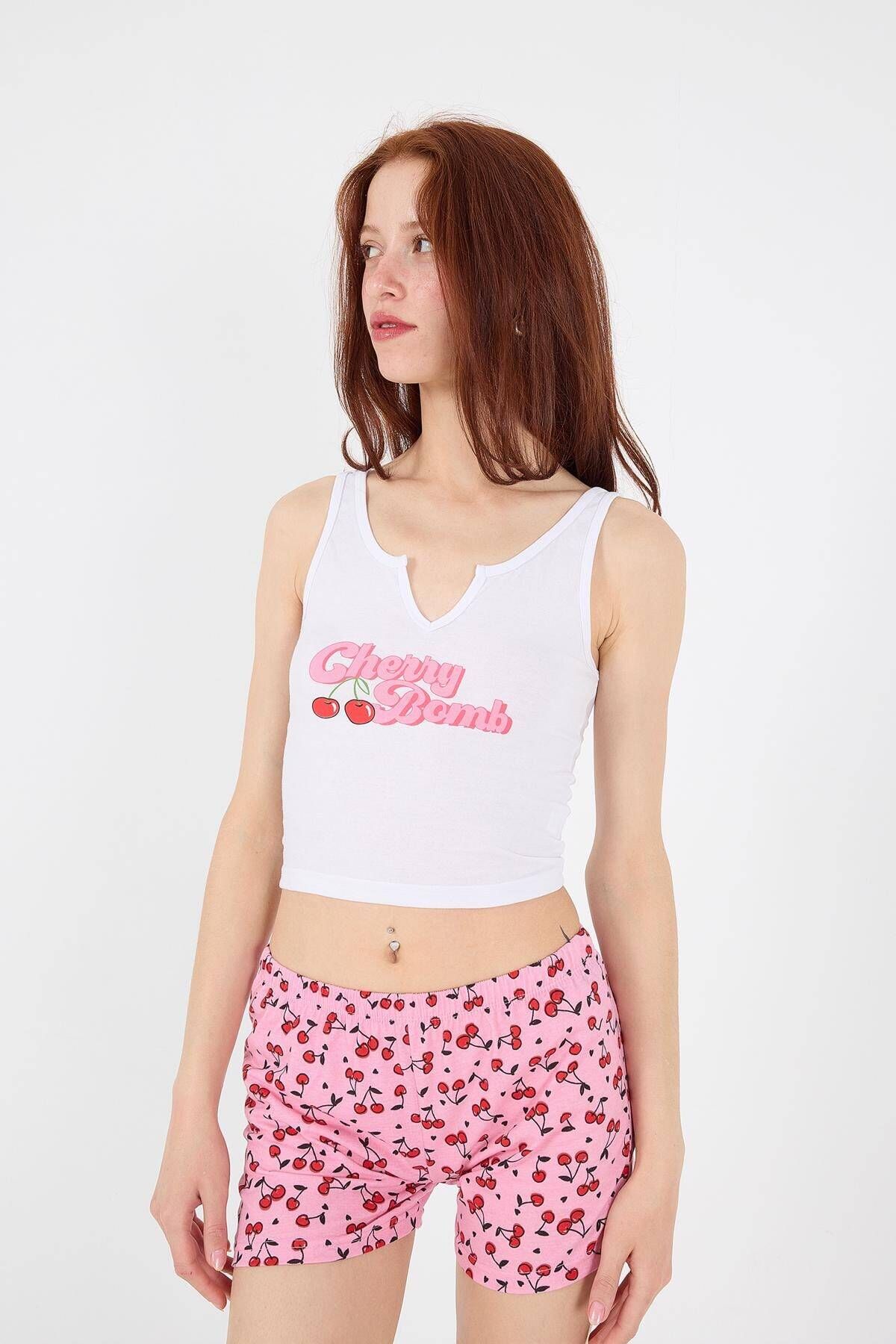 Addax-Cherry Bomb Patterned Shorts Pajama Set - Ş075-t8 4