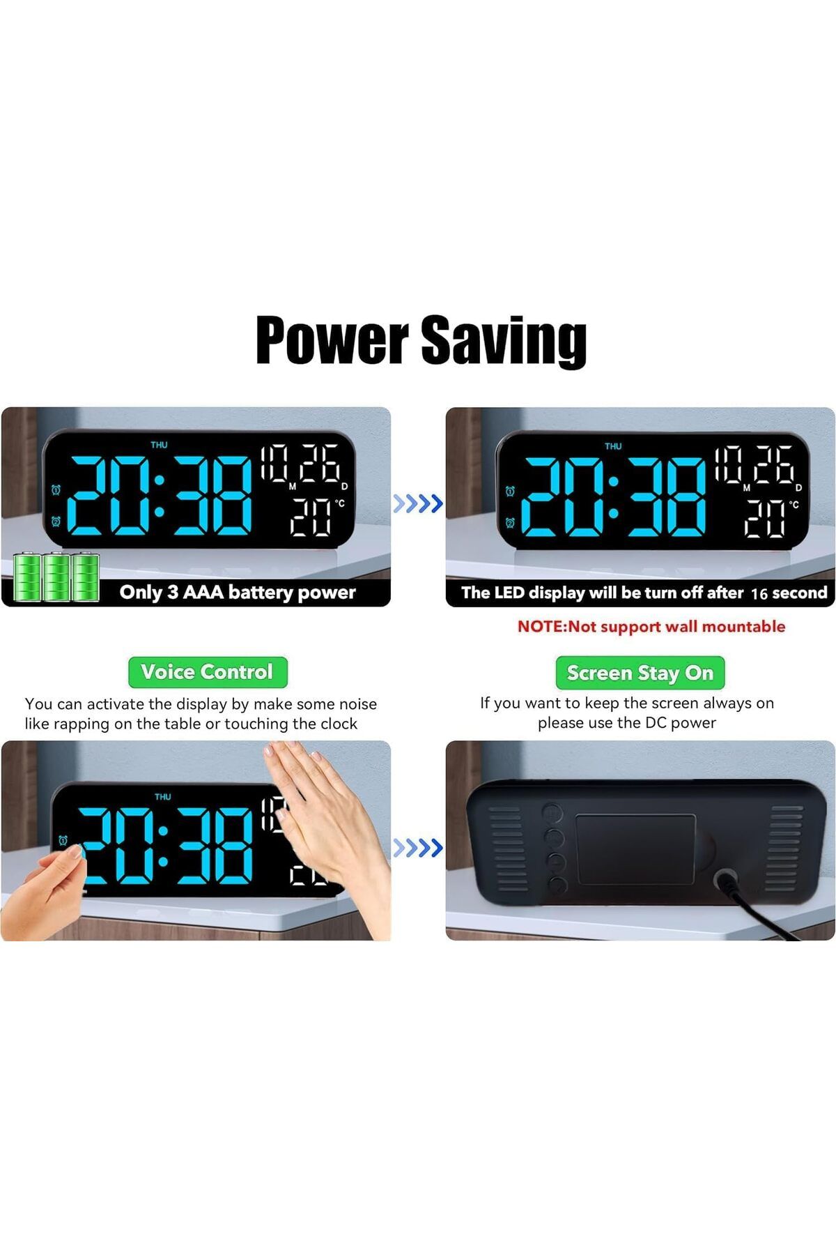 Generic-ساعة رقمية، ساعة منبه رقمية LED مع عرض التاريخ والأسبوع ودرجة الحرارة، متعددة الوظائف للتحكم في الصوت على سطح المكتب 3