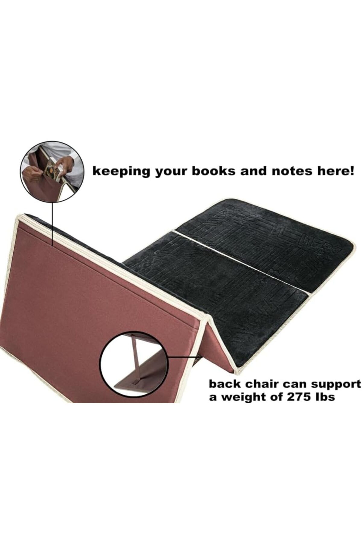 سجادة صلاة خميشة قابلة للطي مع دعم للظهر، كرسي أرضي محمول للتأمل، (أسود)