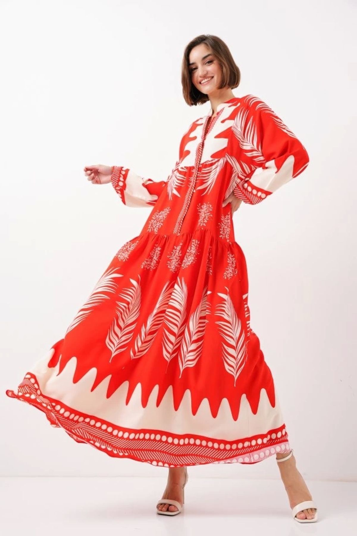 Butik 2423 Otantik Desenli Tesettür Elbise - M. Kırmızı