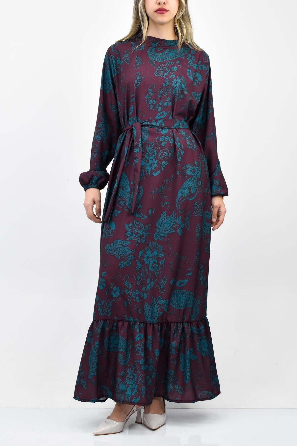 Biriz Moda Desenli Mor Krep Elbise
