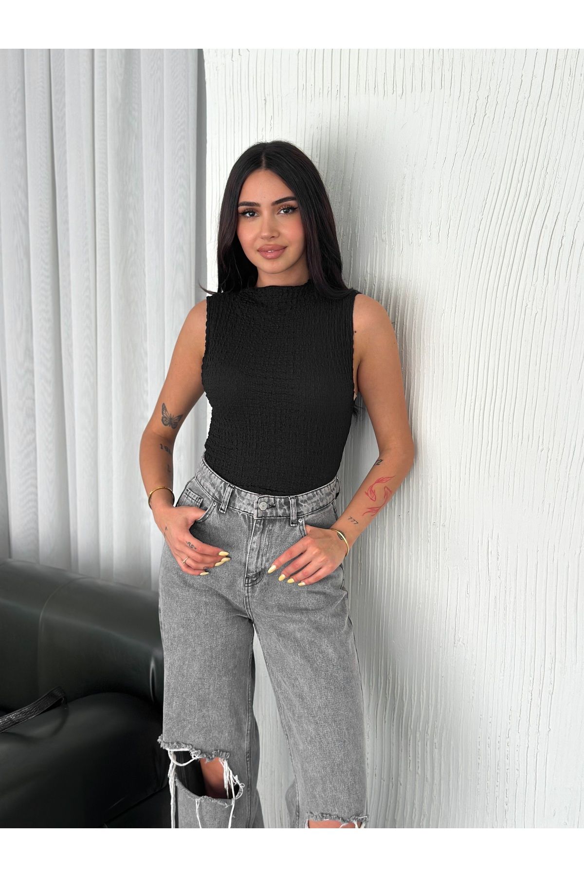 fiolin Dik Yaka Kolsuz Smock Bluz