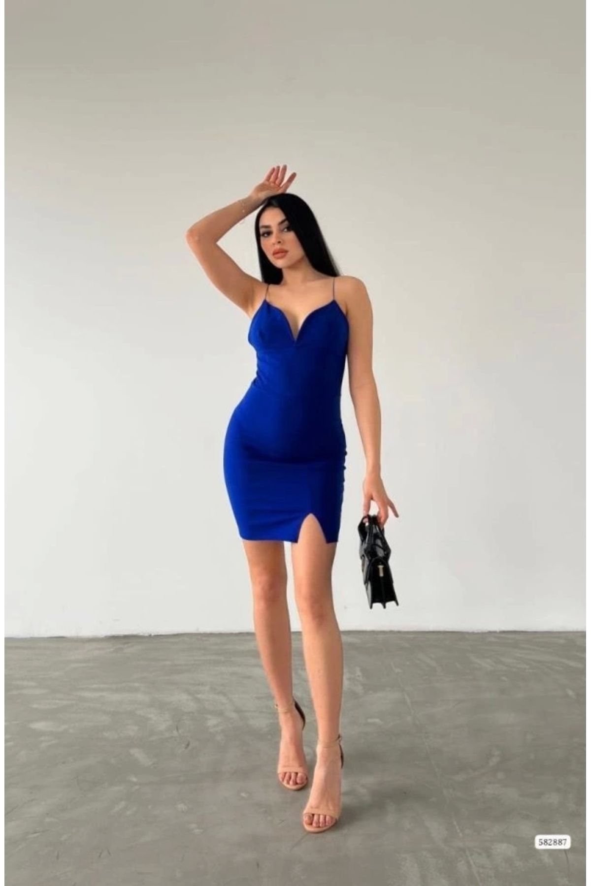 Butik Kadın Dalgıç Krep Kumaş Askılı Mini Elbise
