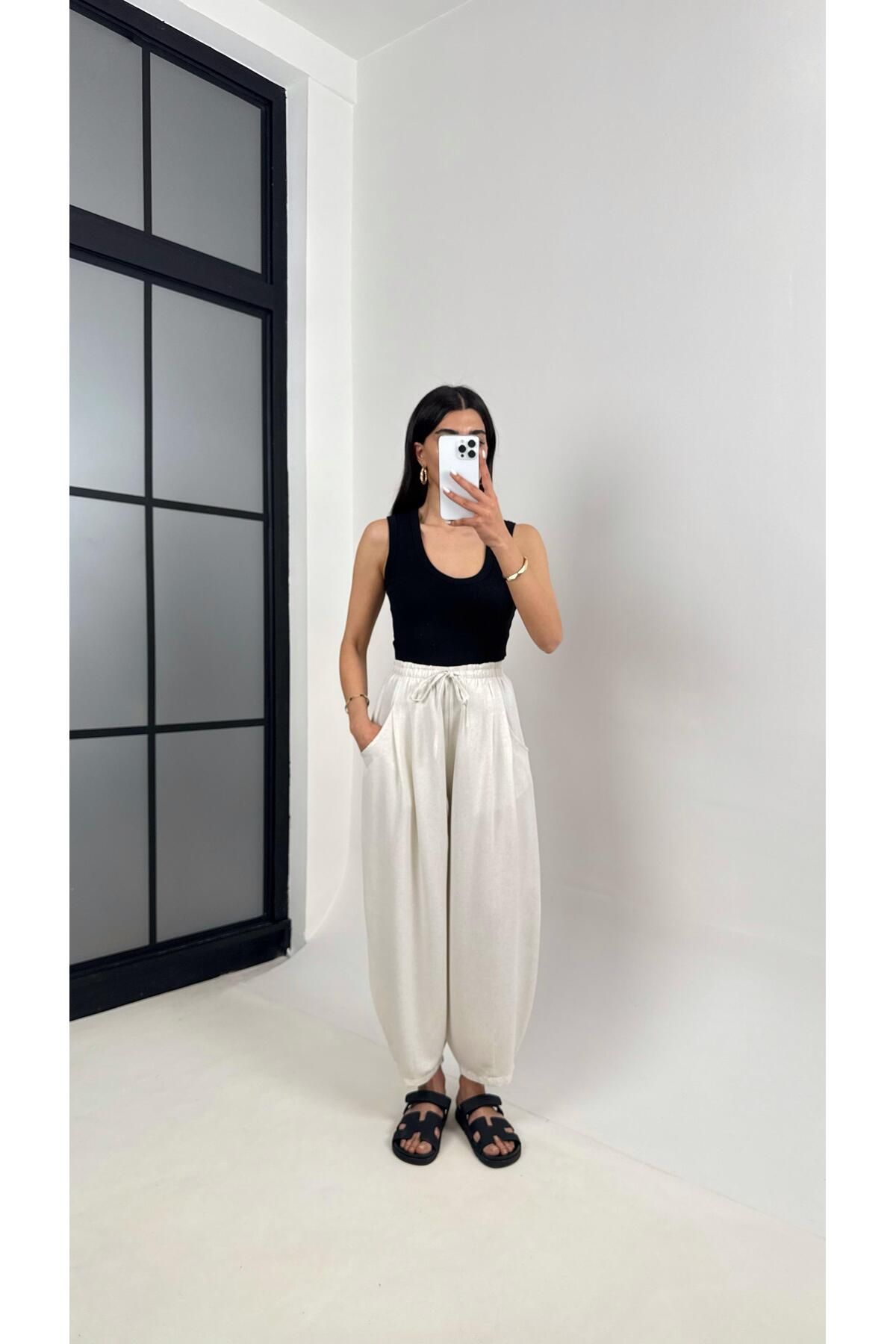 Gaus Taş Beli Lastikli Cepli Balon Keten Pantolon Gaus00391