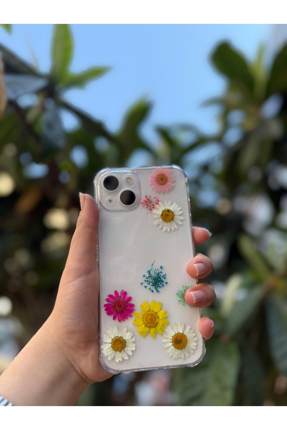 Powerfox İphone 13 Uyumlu Epoksi El Yapımı Gerçek Kurutulmuş Çiçekli Kabartmalı Moda Kılıf