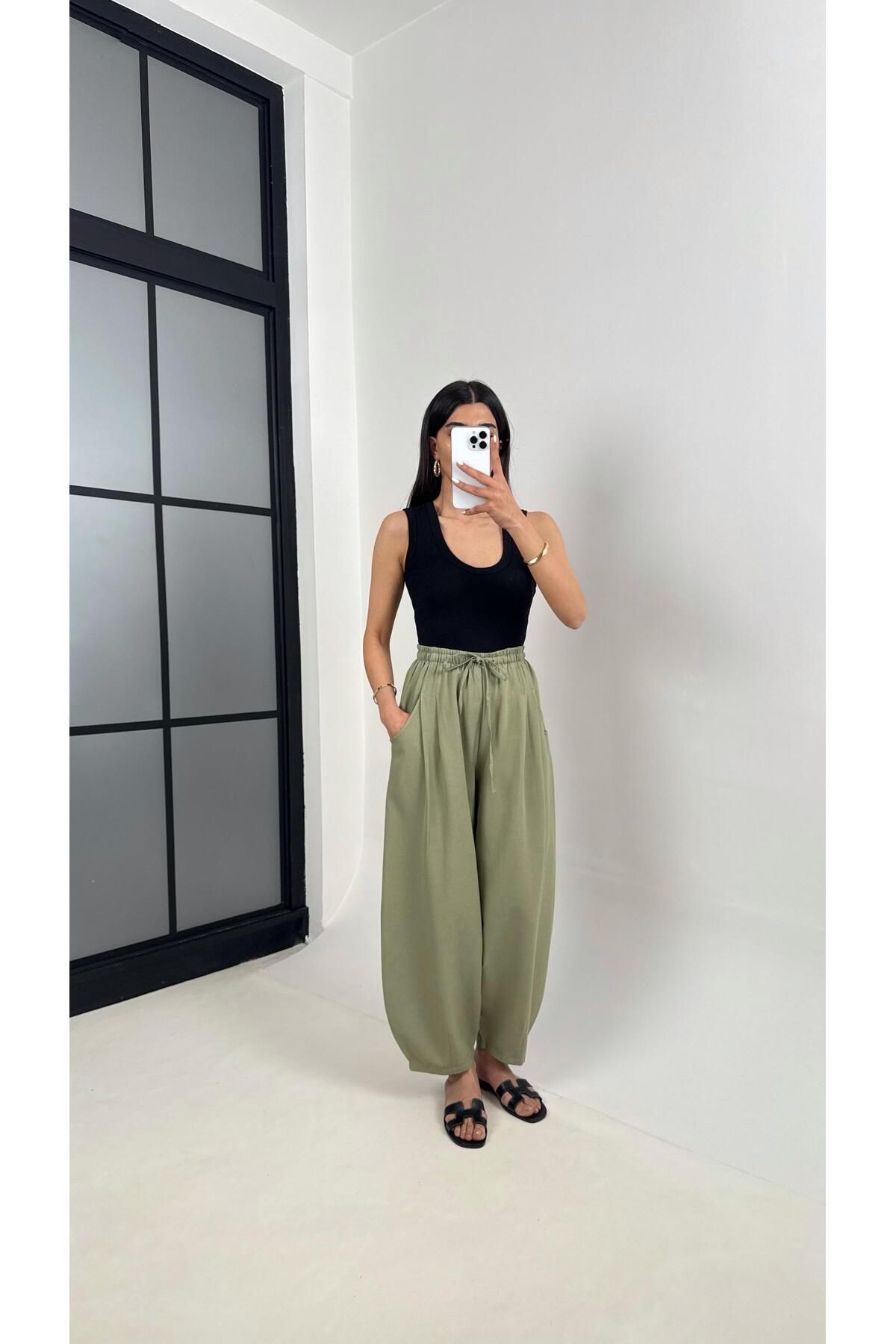 Gaus Haki Beli Lastikli Cepli Balon Keten Pantolon Gaus00391