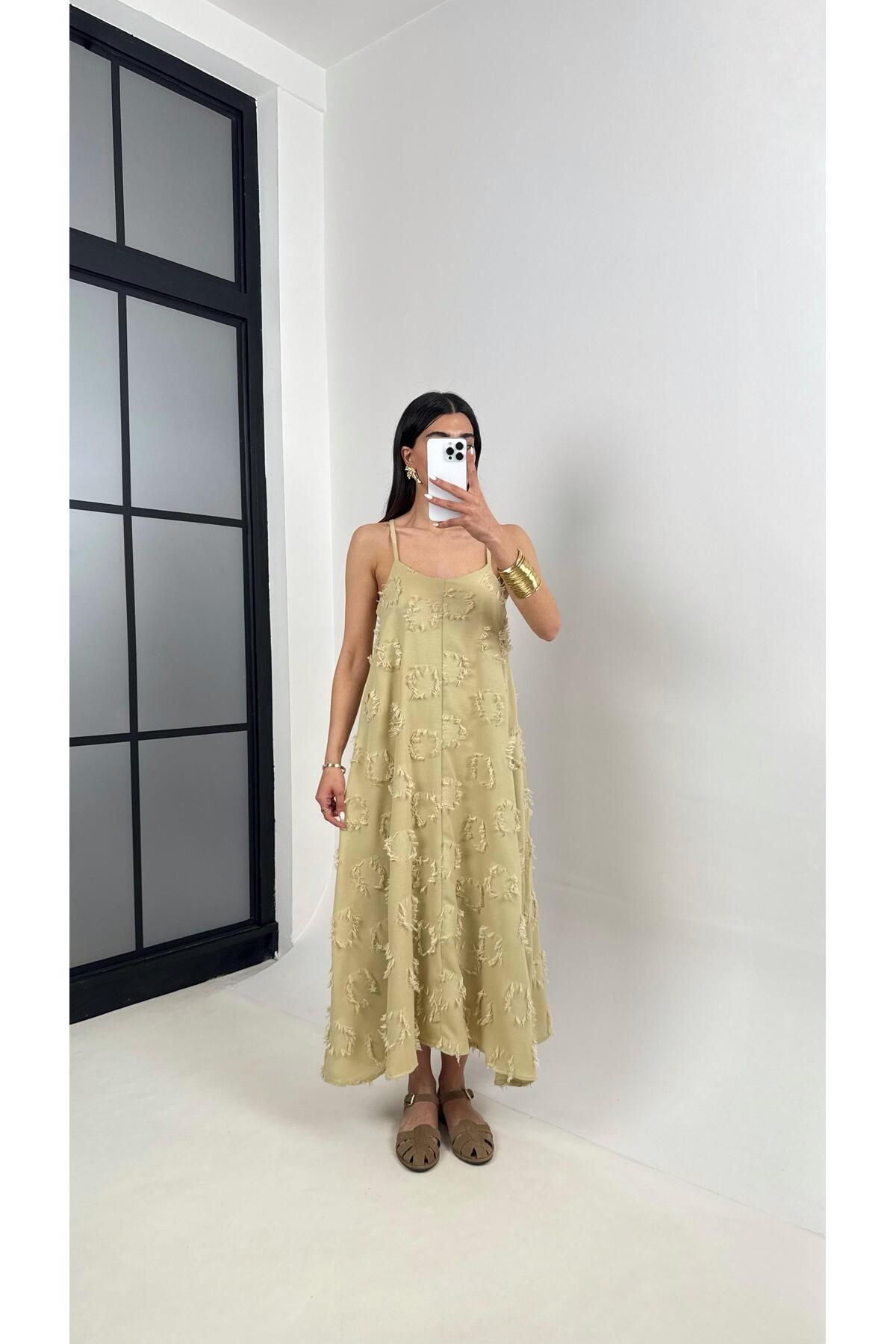 Gaus Soft Yeşil Püskül Detaylı Askılı Astarlı Keten Elbise Gaus00392