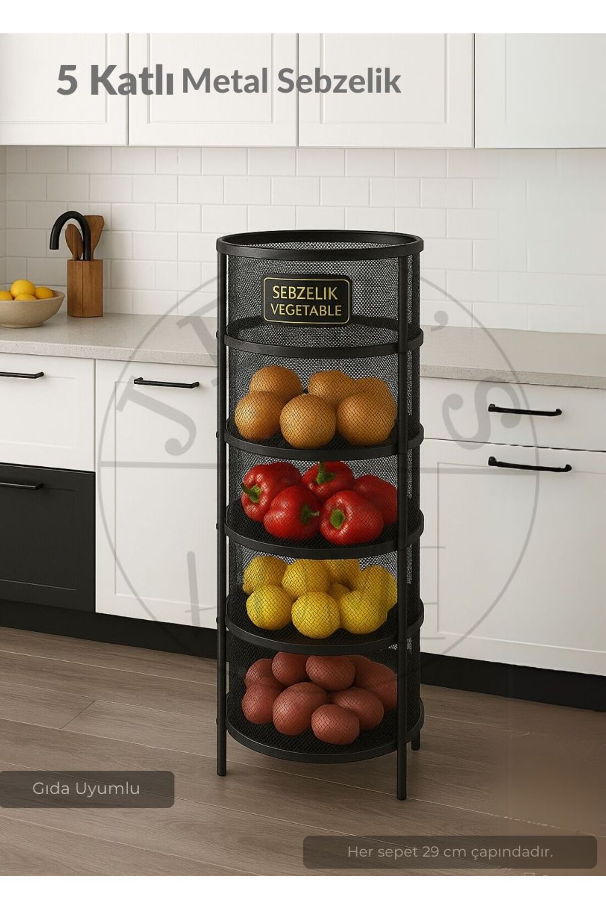 Jet's Home 5 Katlı Sebzelik Açılır Metal Patates Soğan Sepeti Paslanmaz Meyvelik Organizer Sepet Siyah