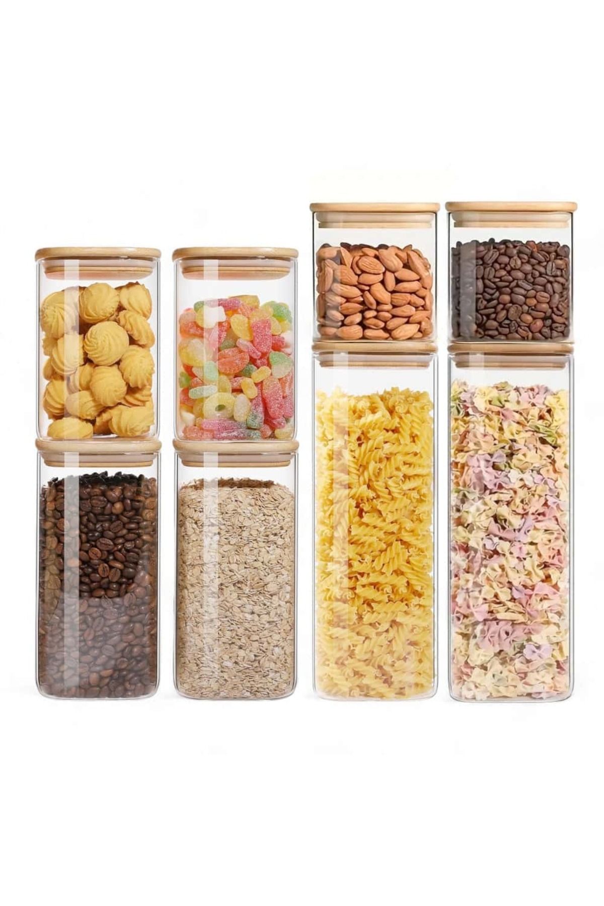 Köken Set De 8 Recipiente Pătrate Din Sticlă Borosilicată Cu Capace Etanșe Din Bambus, Koken, Pentru Alimente Uscate - One Size