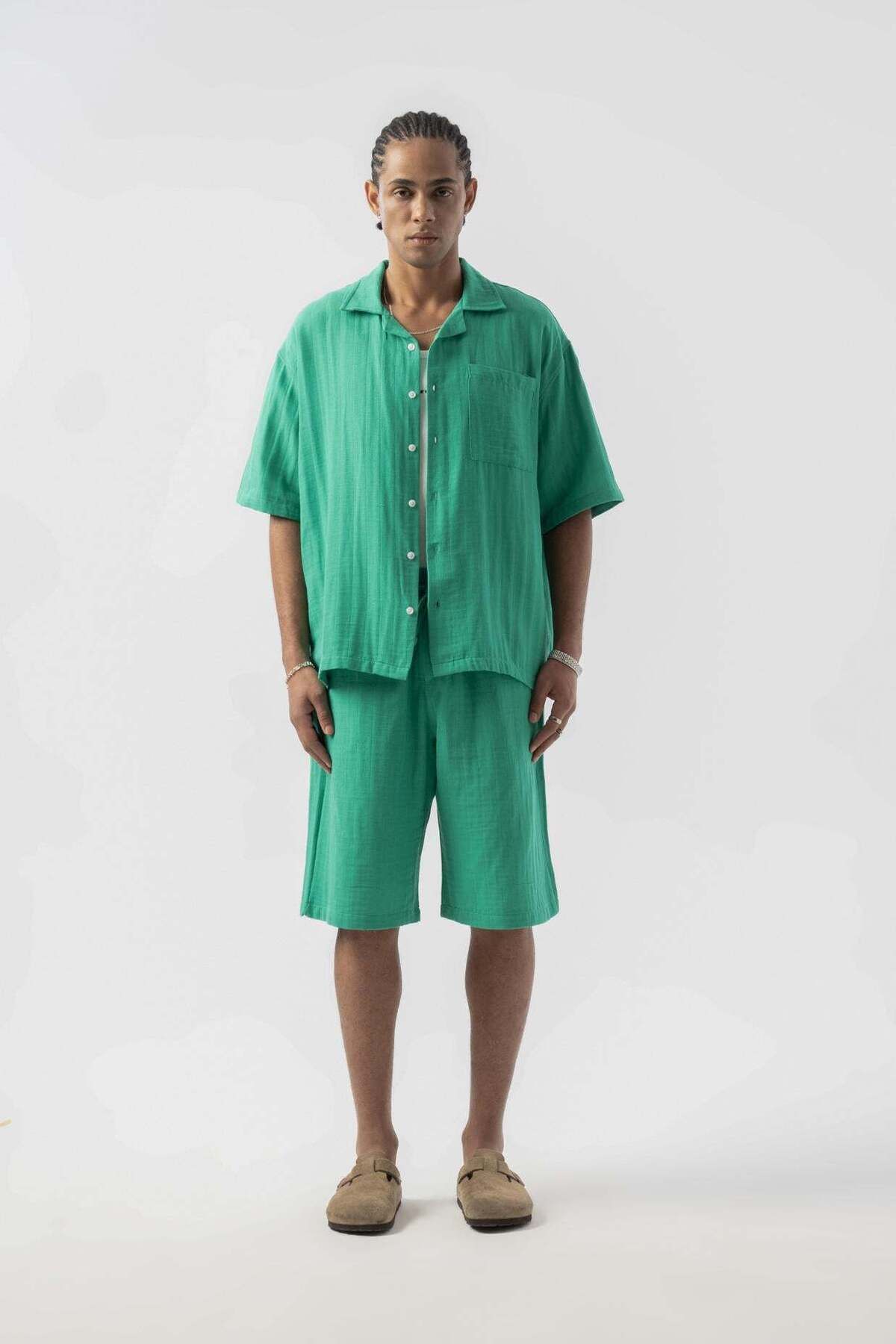 jaceyjace Basic Oversize Keten Gömlek - Yeşil