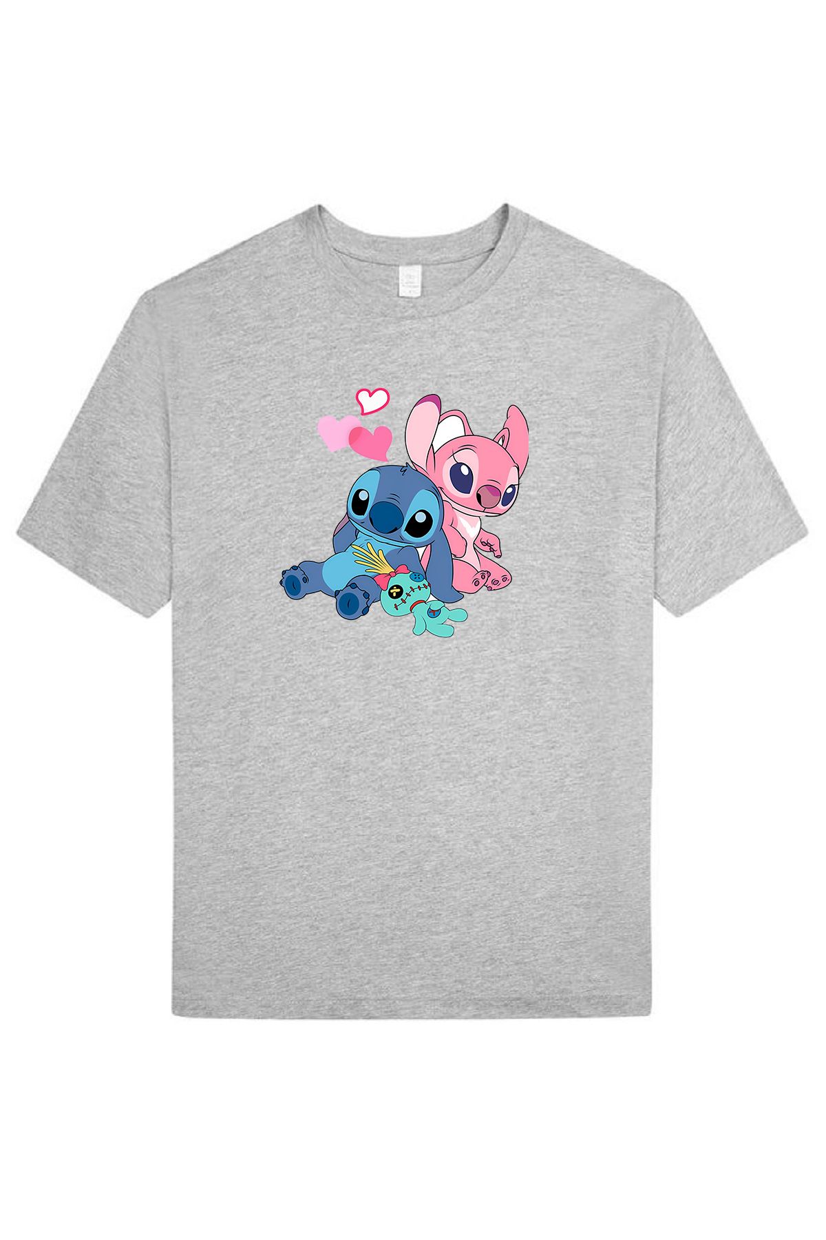 makiteks Baskılı Lilo Stitch Kadın bisiklet Yaka Baskılı T-shirt Beyaz Siyah Gri tişört