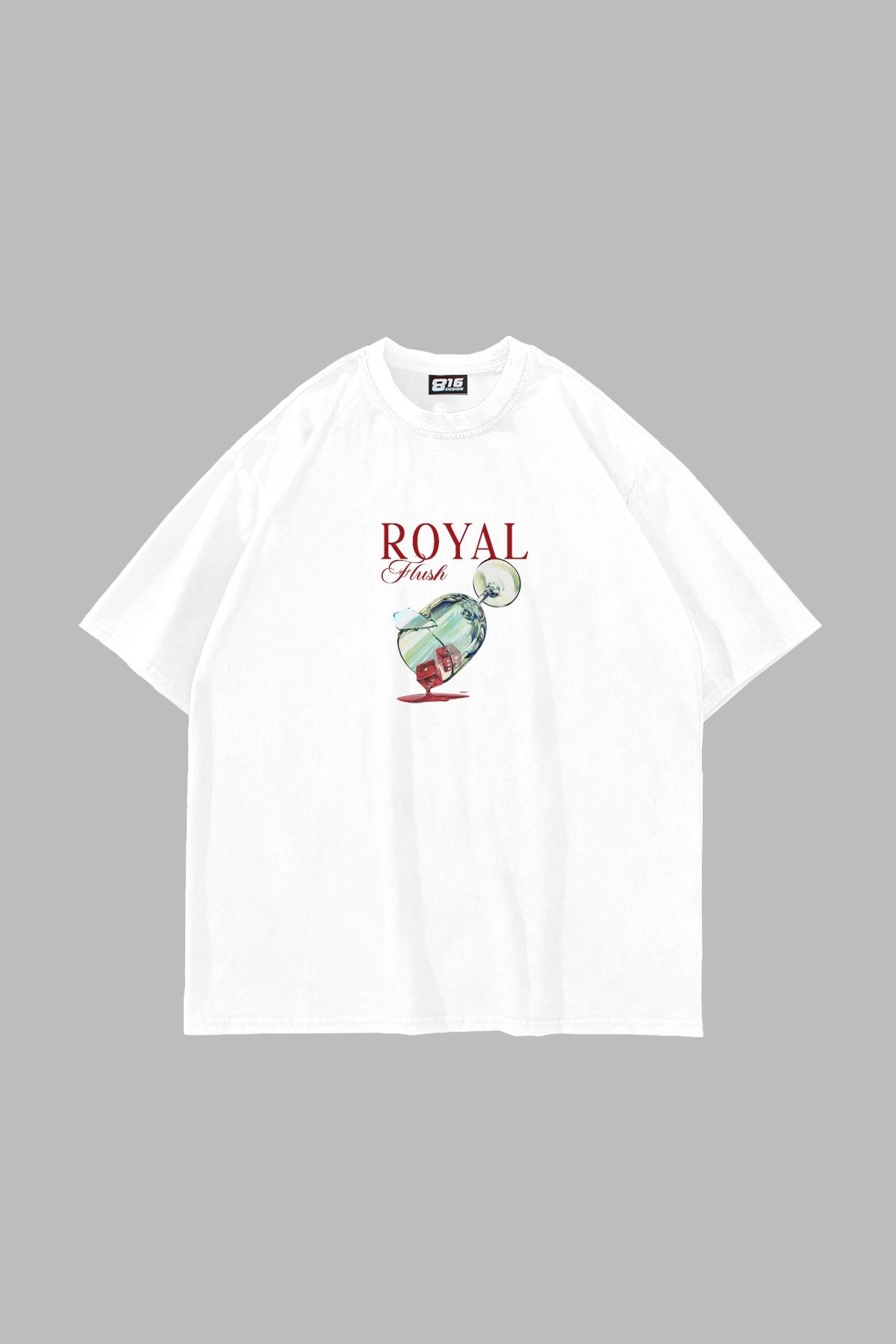 Sekizbiraltı Royal Flush Baskılı Oversize Unisex Beyaz Tshirt