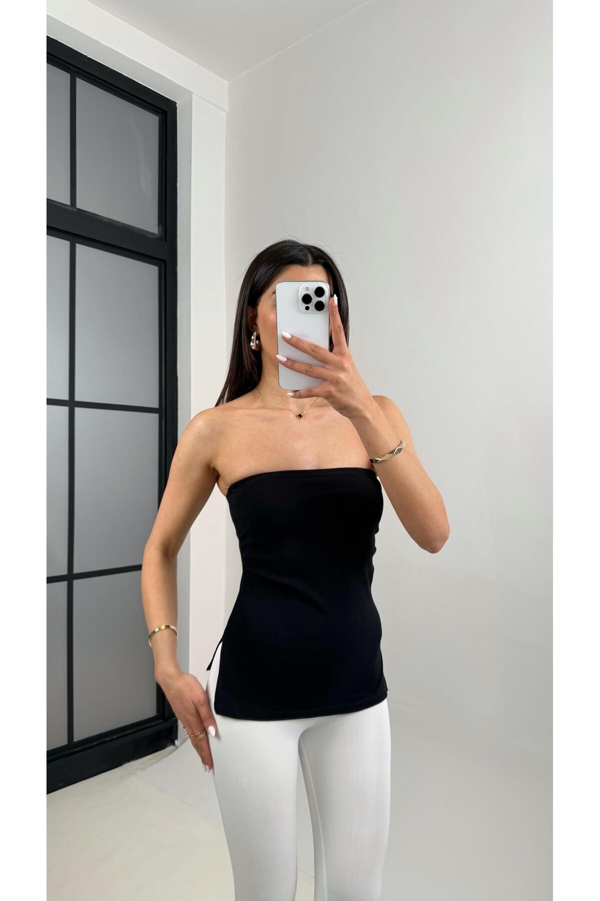 Gaus Siyah Yanları Yırtmaçlı Straplez Crop Gaus00368