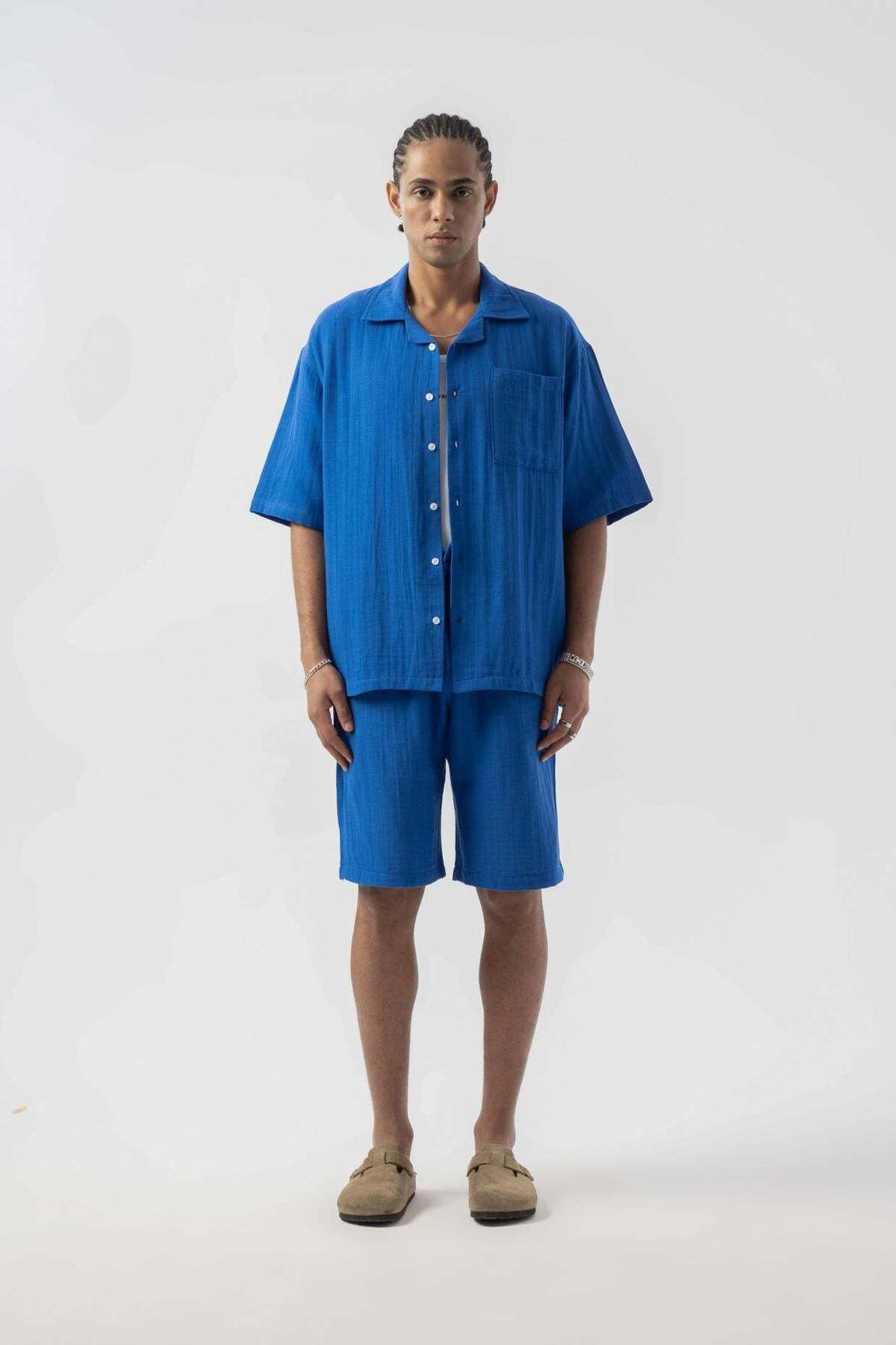 jaceyjace Basic Keten Şort - Saks Mavisi
