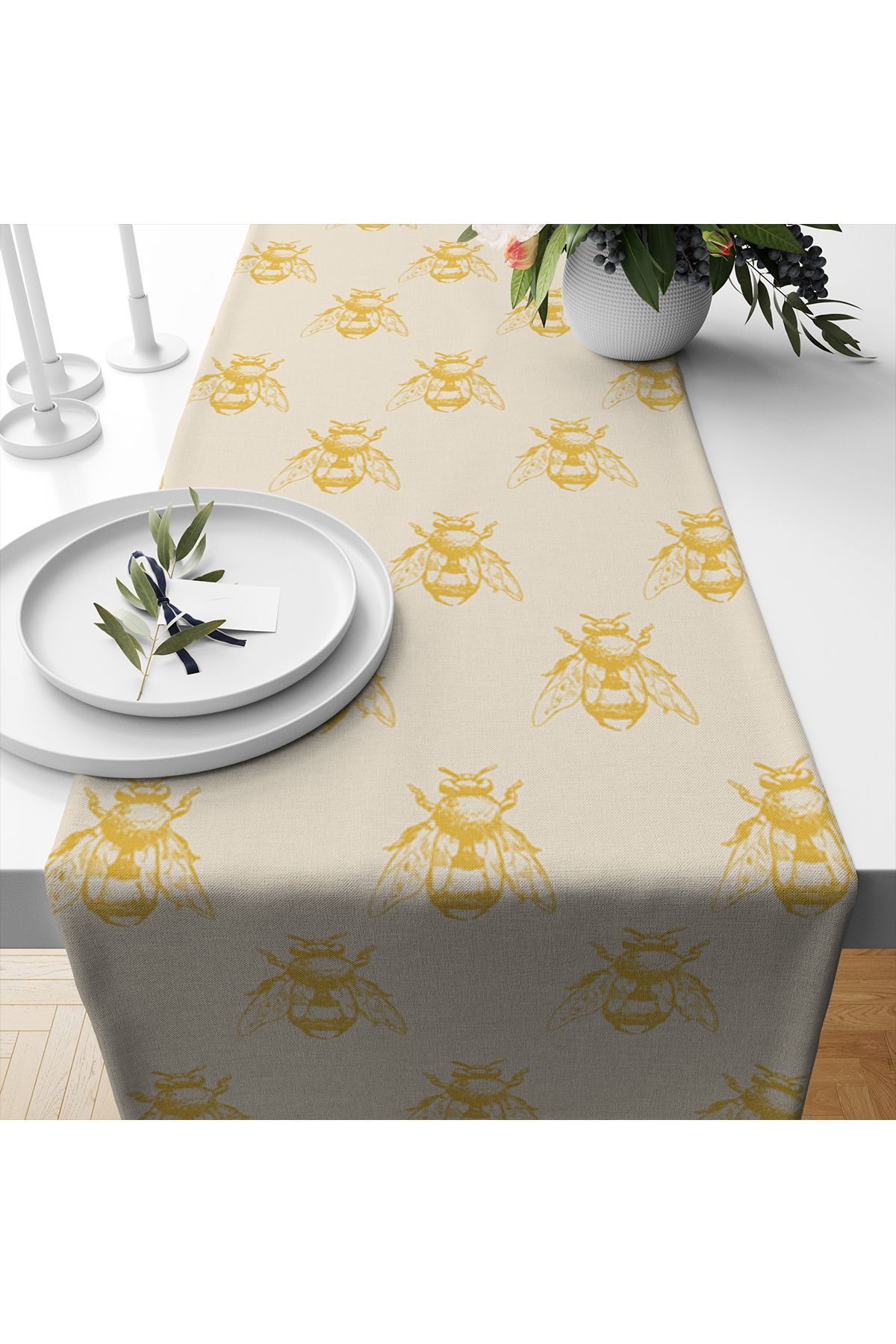 Evmila-Spring Themed Bee Patterned Velvet Fabric Digital Printed Runner 2