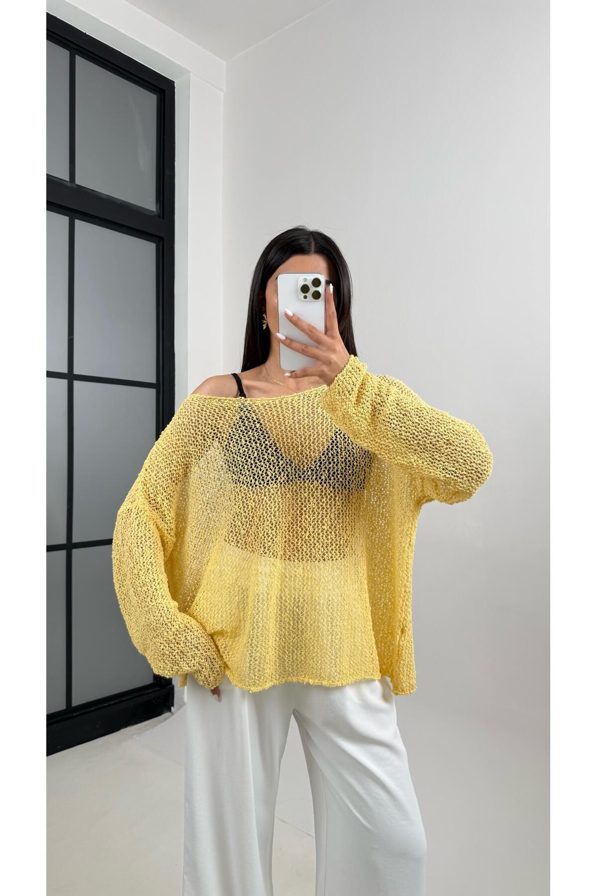 Gaus Sarı Ajurlu Triko Bluz Gaus00372