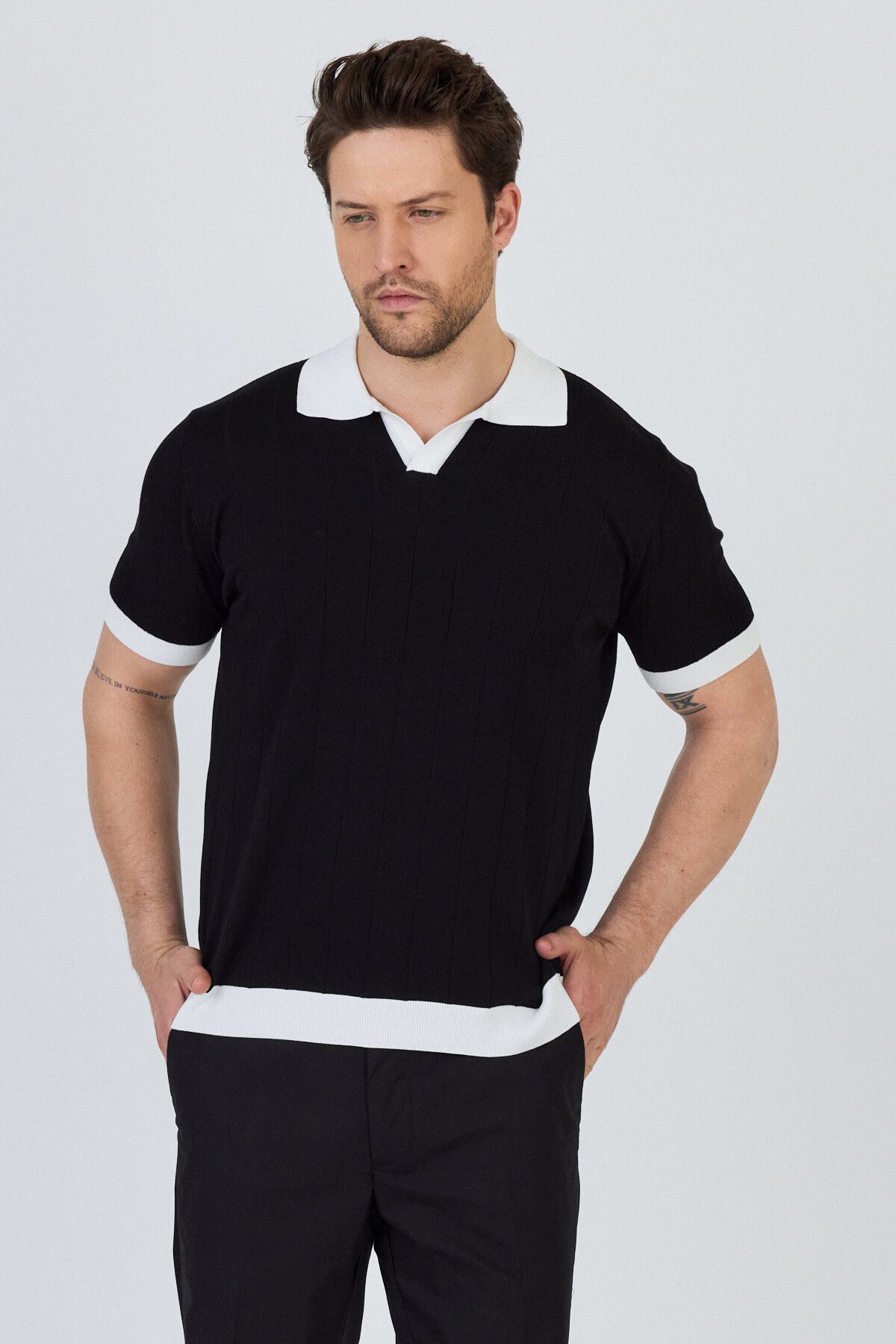 Frappoli GARCİA Erkek Siyah-Beyaz Pamuk Karışımlı Apaç Yaka Slim Fit Polo Yaka Triko T-Shirt