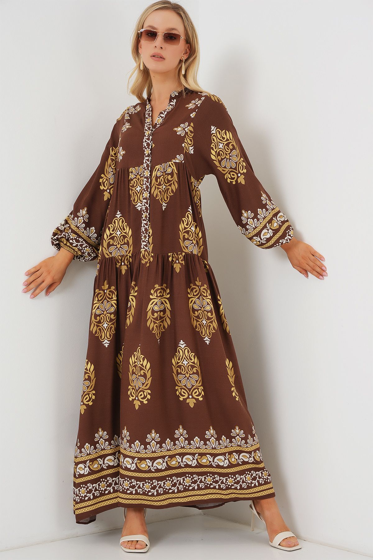 Bigdart-2423 Rochie Hijab Autentică cu Motiv - Alb - Maro 4