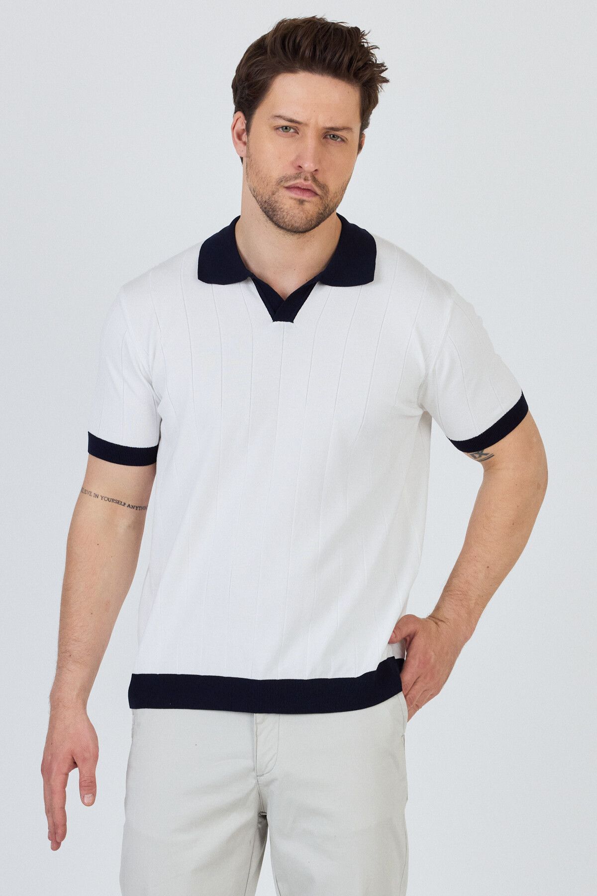 Frappoli GARCİA Erkek Beyaz-Lacivert Pamuk Karışımlı Apaç Yaka Slim Fit Polo Yaka Triko T-Shirt