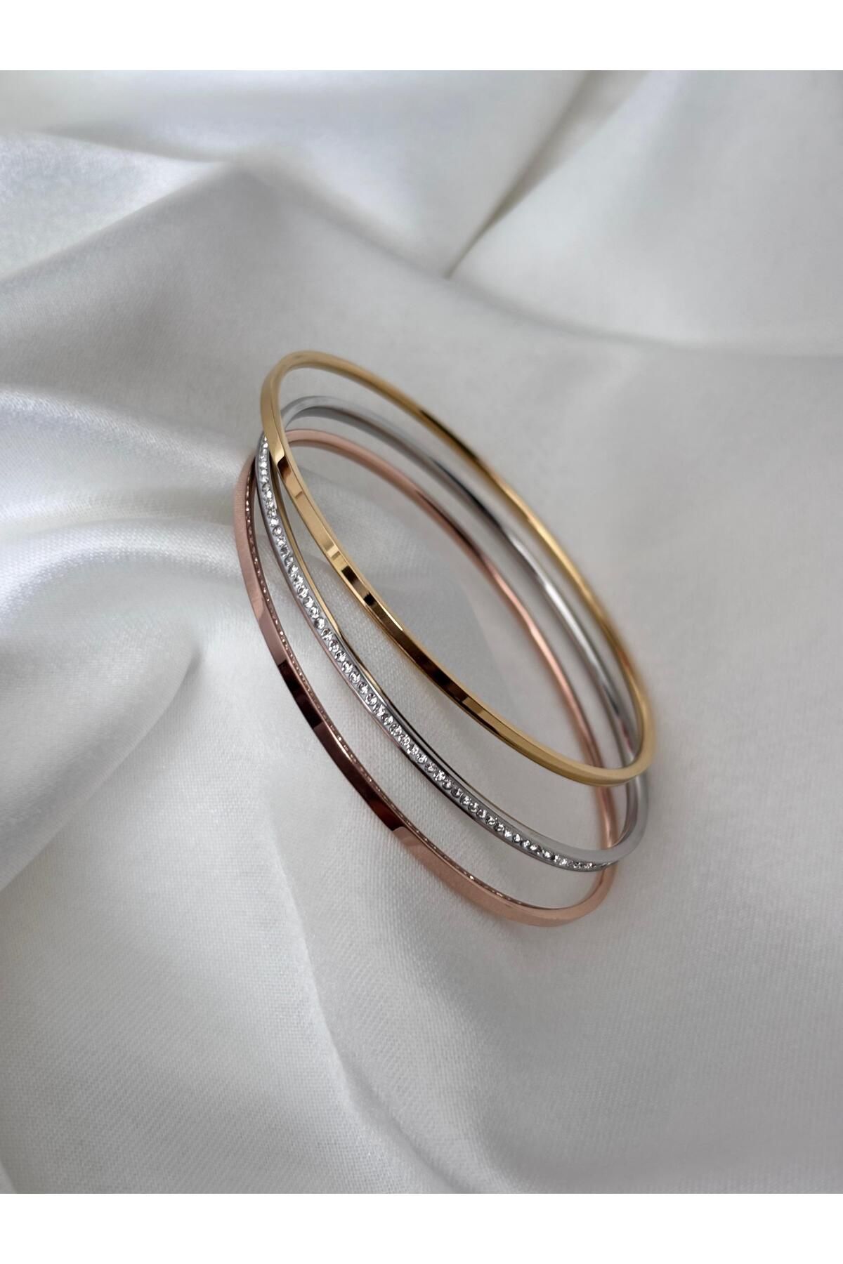 MODA Paslanmaz Çelik Ajda Bilezik 3'lü - Gold,Silver,Rose Gold