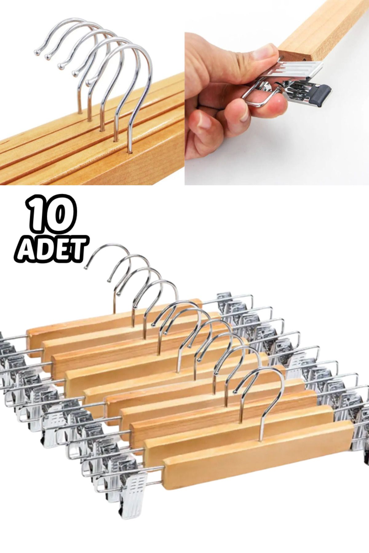 Comprox 10 Adet Ahşap Askılık Mandallı Etek-Pantolon Askısı Elbise Askısı-bebek askılık - ayarlanır askılık