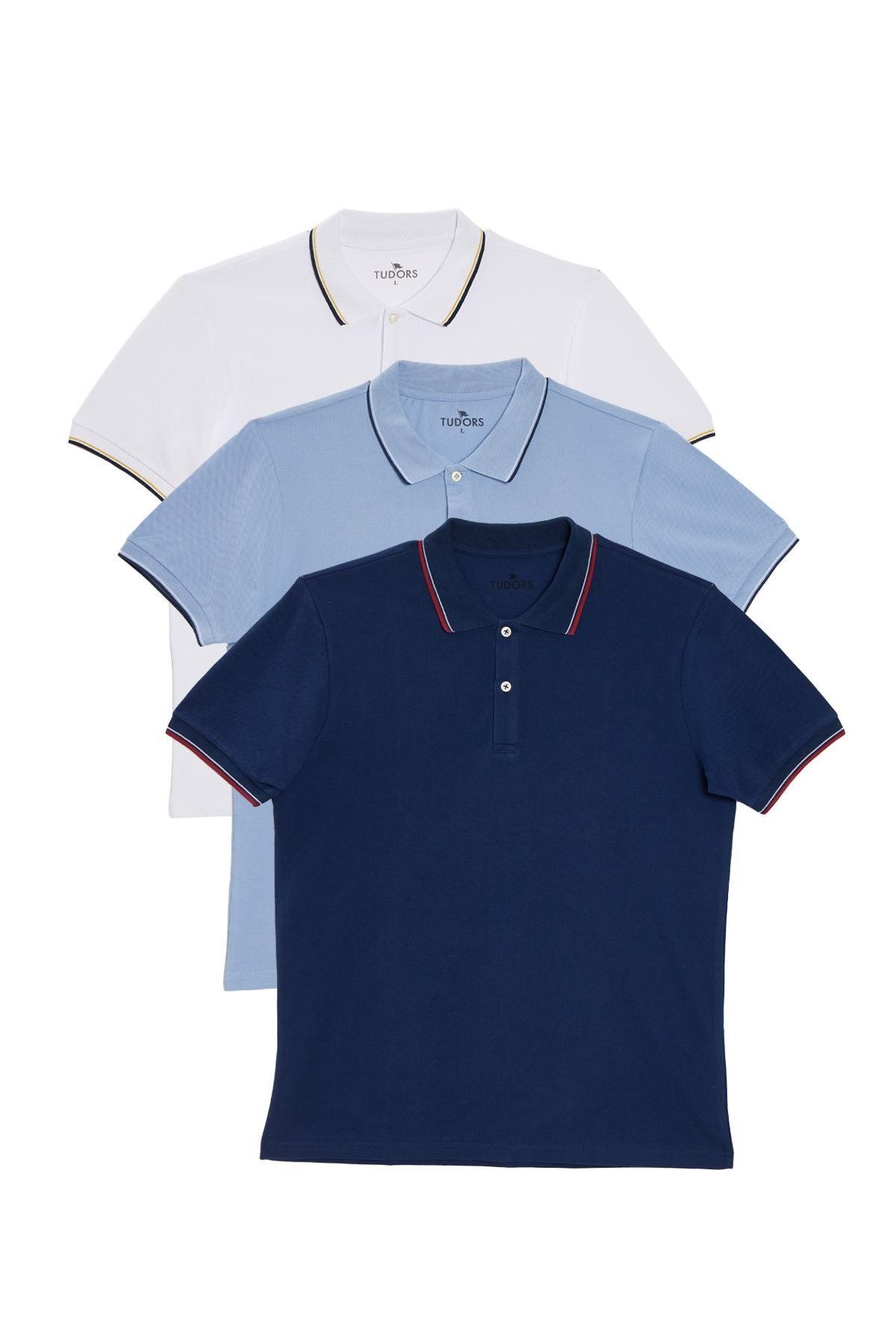 Tudors Erkek 3'lü Paket Beyaz-Mavi-Lacivert Slim Fit Pamuklu Düz Fermuarlı Pike Polo Yaka Tişört