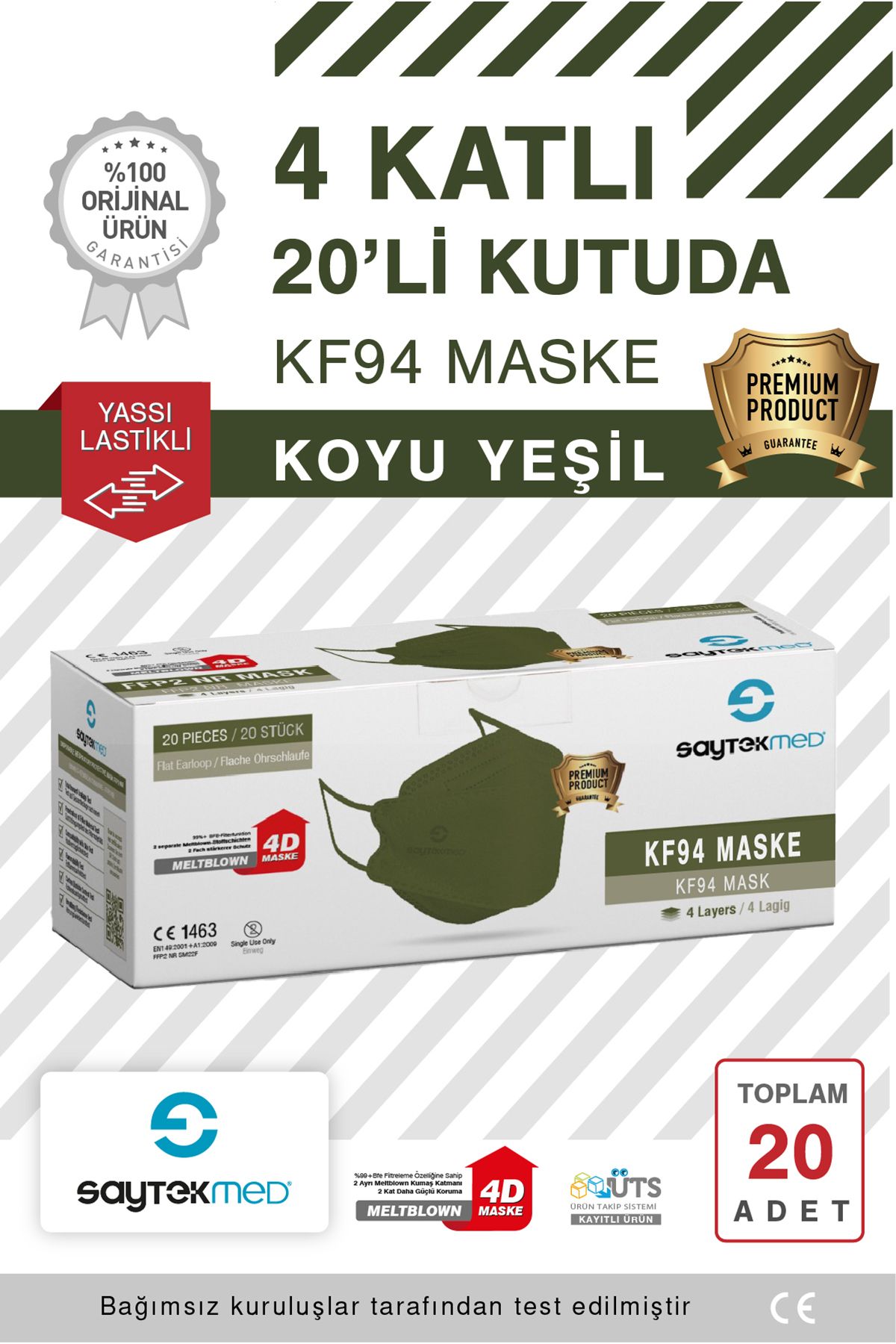 SAYTEKMED KF94 Kore Tipi, 4 katlı, HAKİ Maske, Tekli Paket, UV Steril (1 Kutu/ 20 Adet)