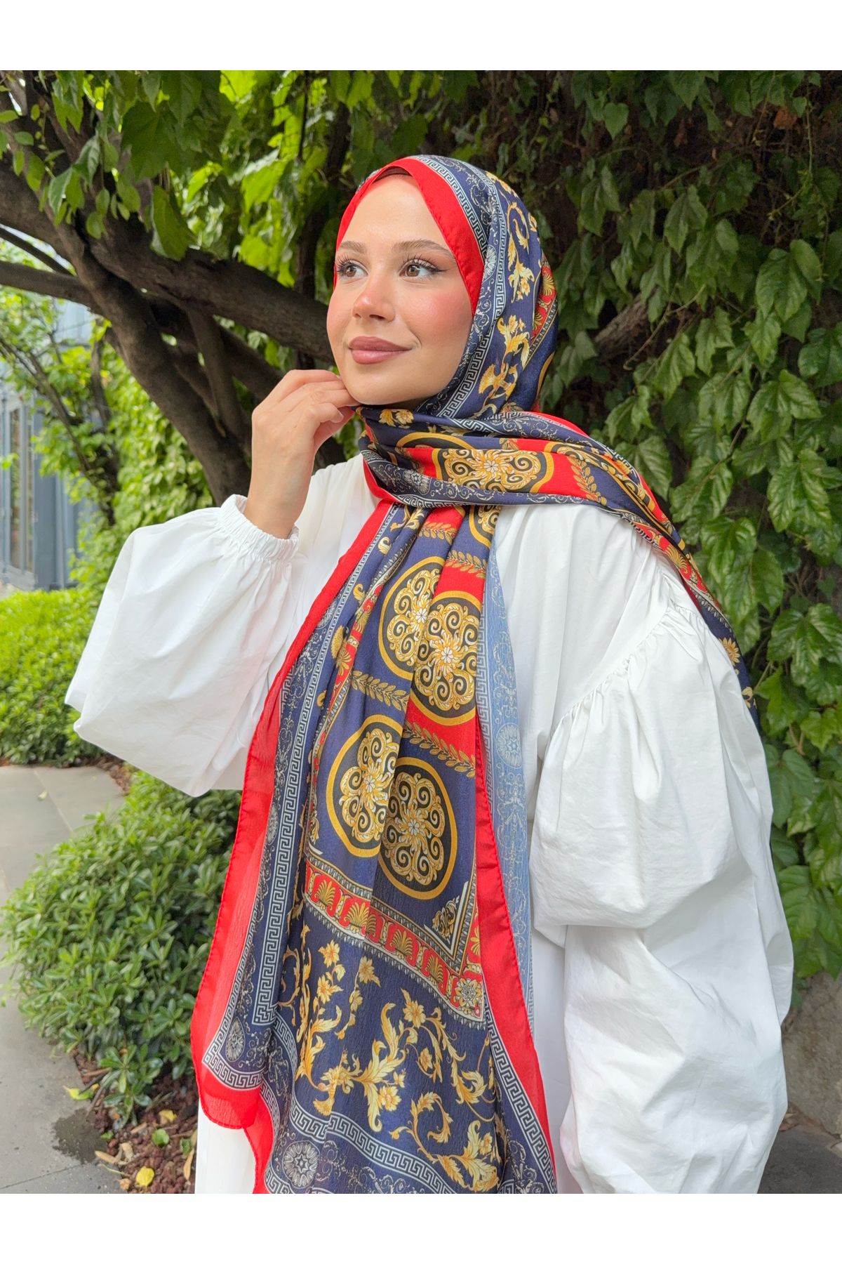Mira İpek Etnik Desen İthal Vual İpek Şal - Kırmızı