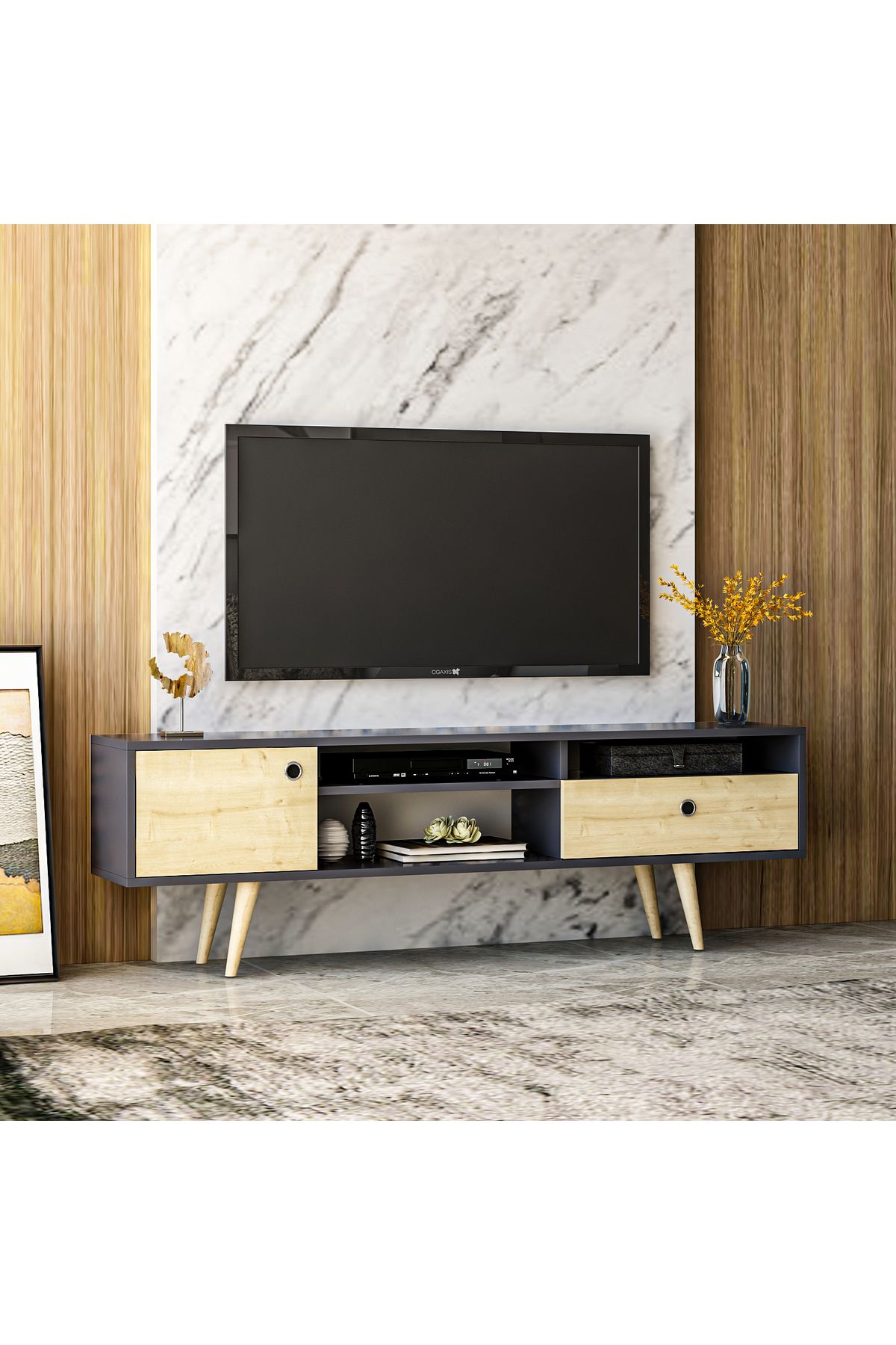 ege dekoratif LORA TV SEHPASI ANTRASİT SAFİR MEŞE AHŞAP AYAKLI 160 CM