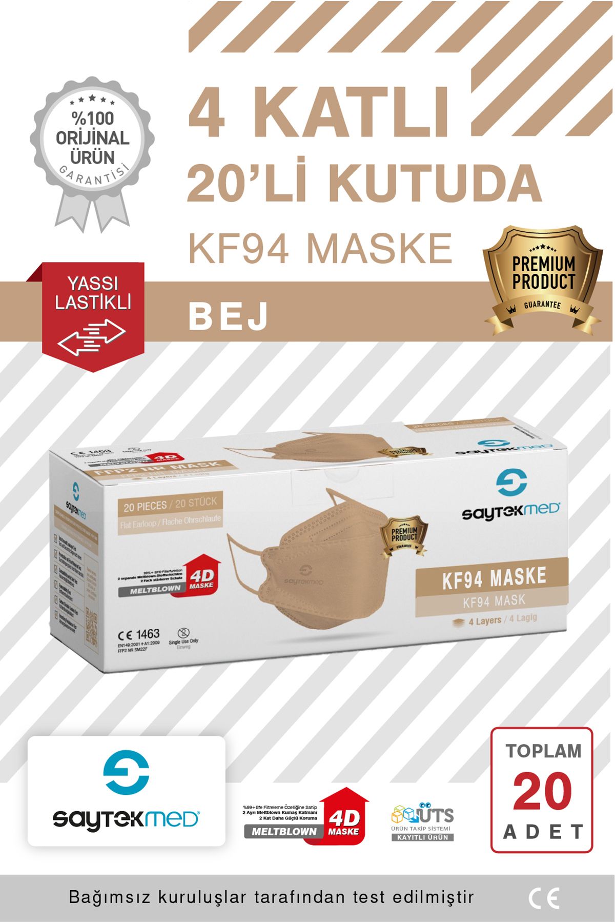 SAYTEKMED KF94 Kore Tipi, 4 katlı, BEJ Maske, Tekli Paket, UV Steril (1 Kutu/ 20 Adet)