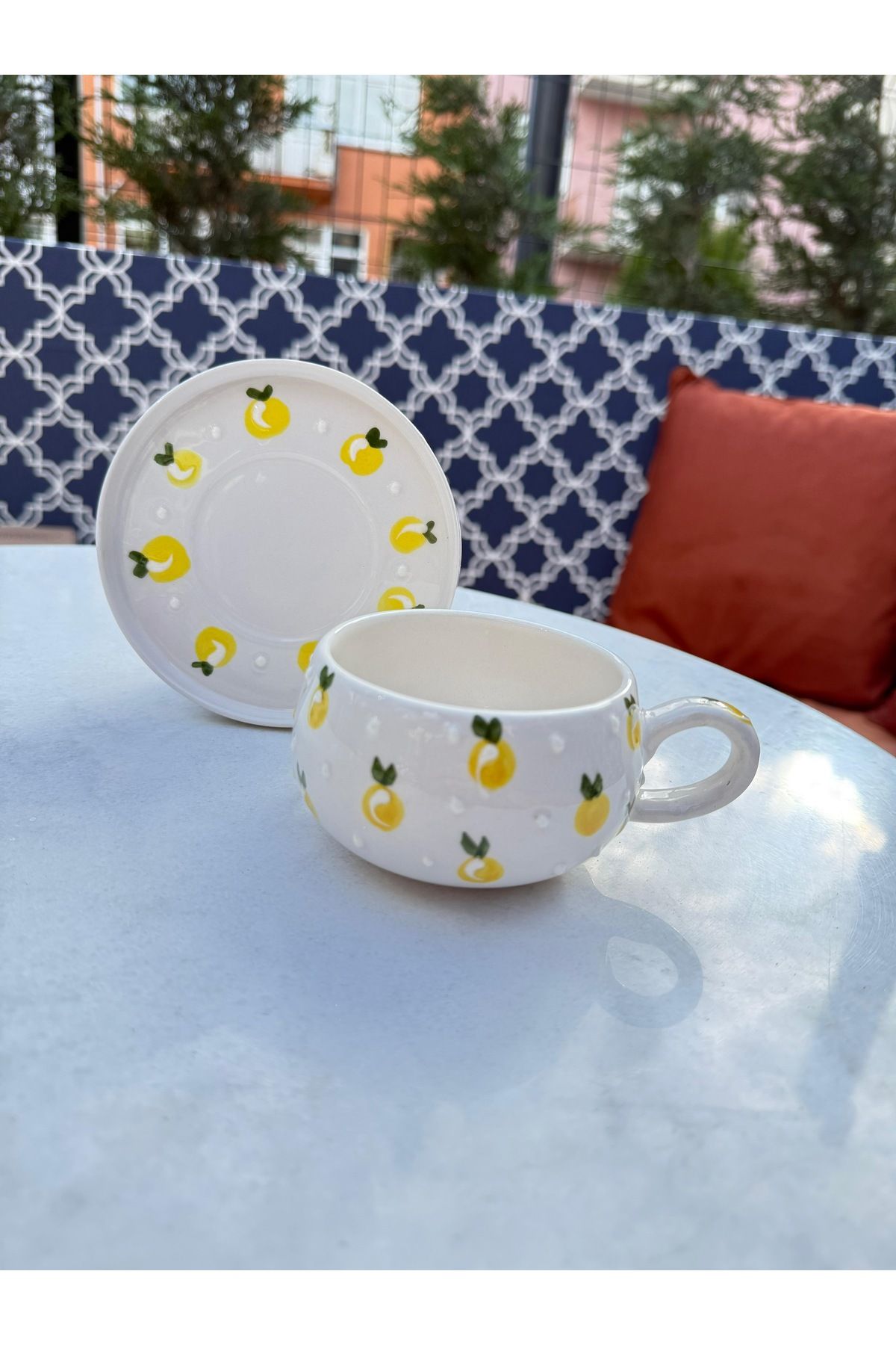 evlashop Limon Desenli Tabaklı Seramik Kupa/Fincan/Mug