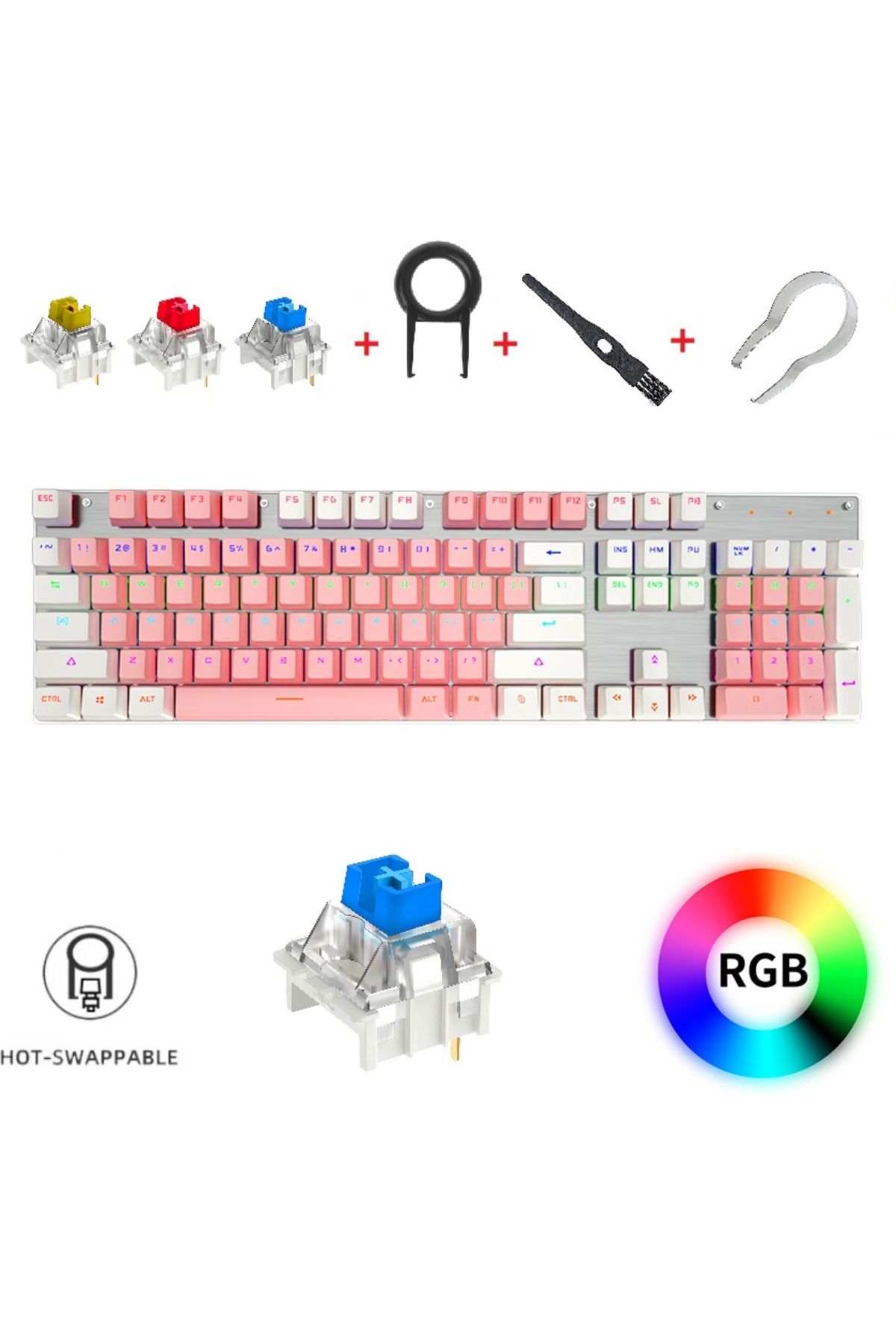 Leaven K660 Türkçe Mekanik Oyun Klavyesi, Mavi Switch-Rainbow RGB aydınlatmalı Hot-Swap
