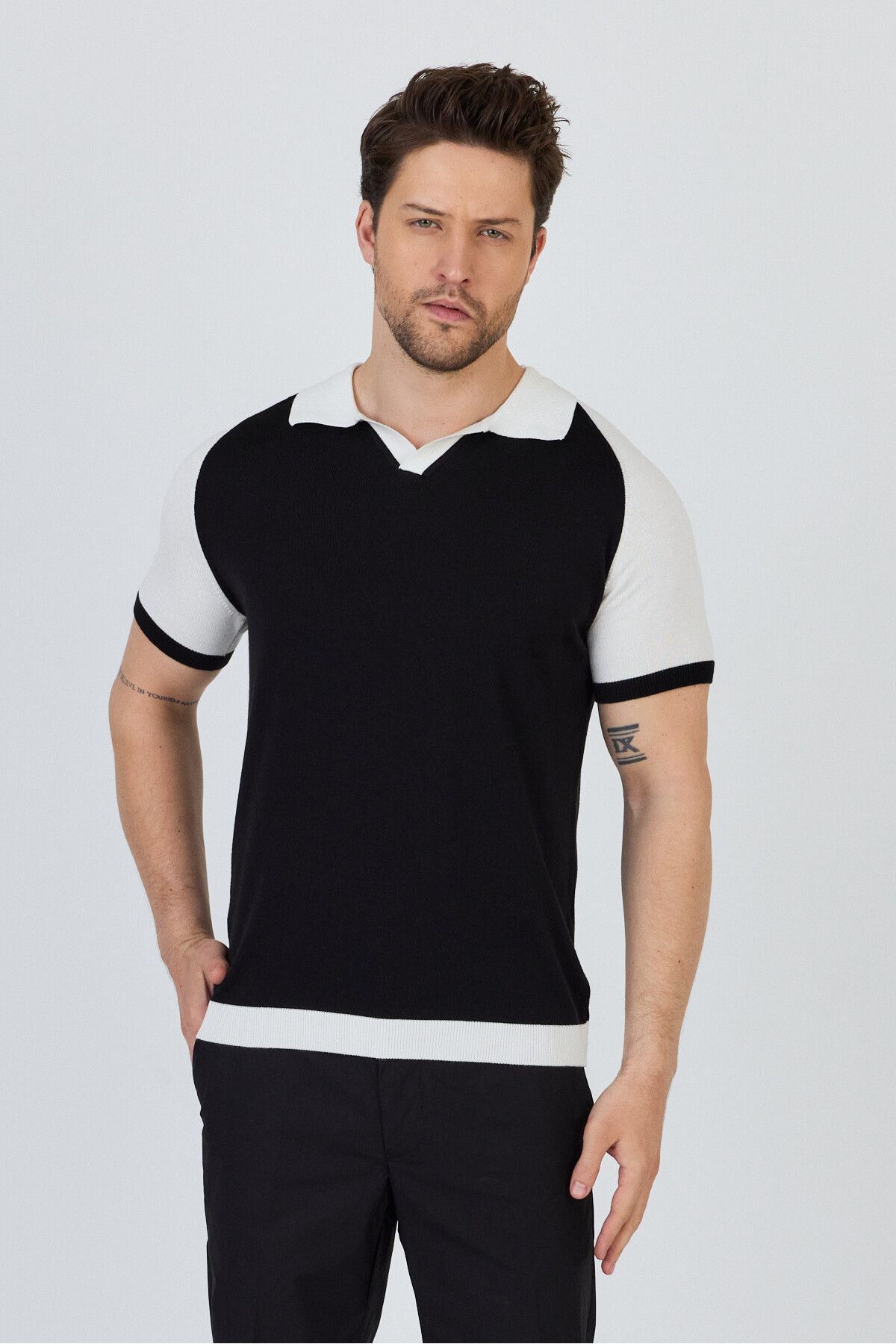 Frappoli Timber Erkek Siyah-kemik Pamuk Karışımlı Apaç Yaka Slim Fit Polo Yaka Triko T-shirt