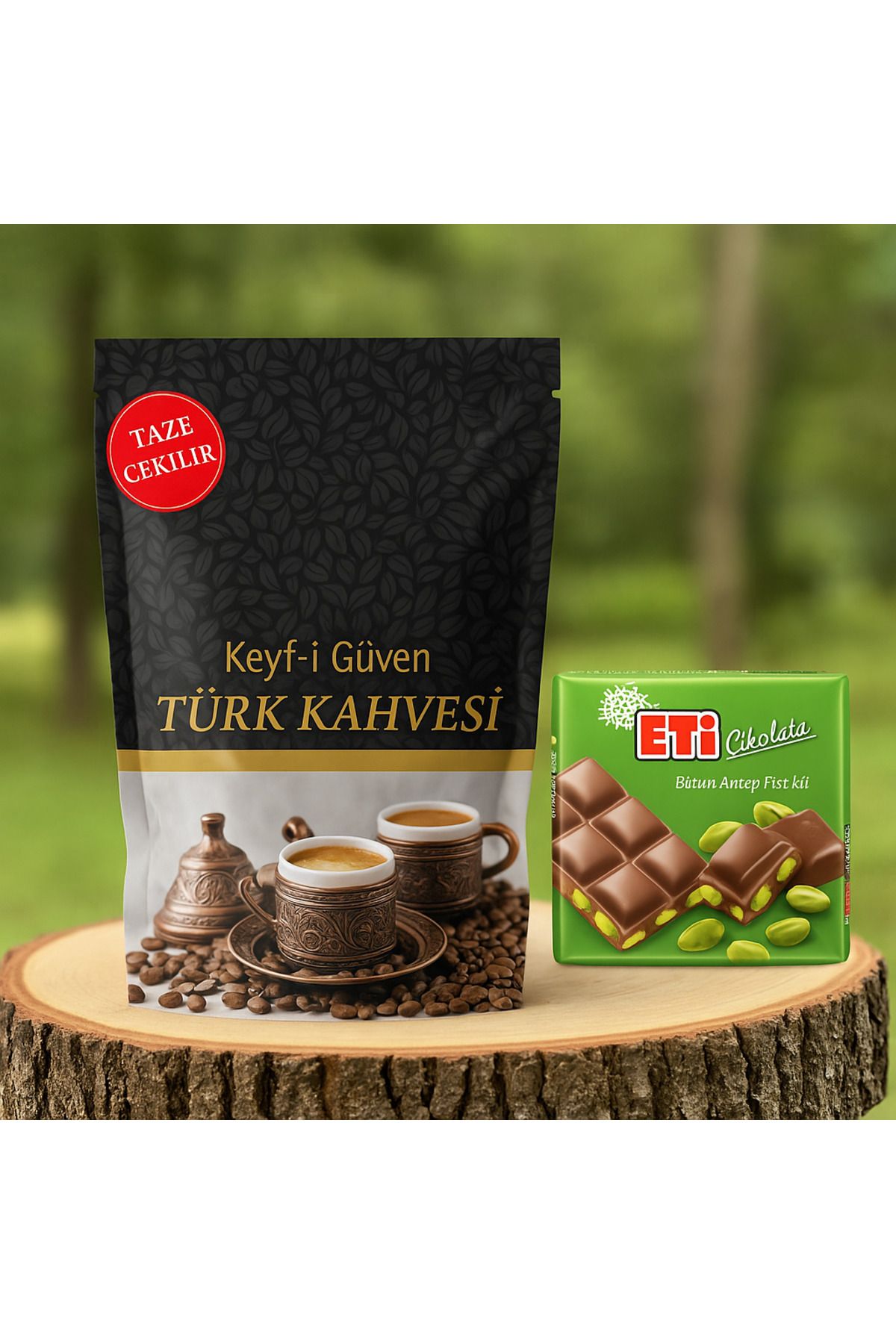 Güven Bitkisel Taze Çekilmiş Türk Kahvesi 100 Gr Orta Kavrulmuş + Eti Antep fıstıklı kare çikolata 60 gr Set