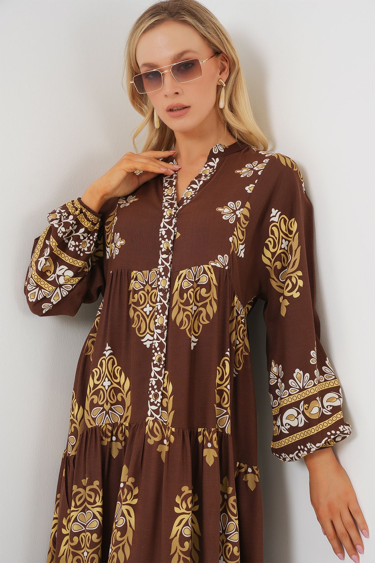 Bigdart-2423 Rochie Hijab Autentică cu Motiv - Alb - Maro 5