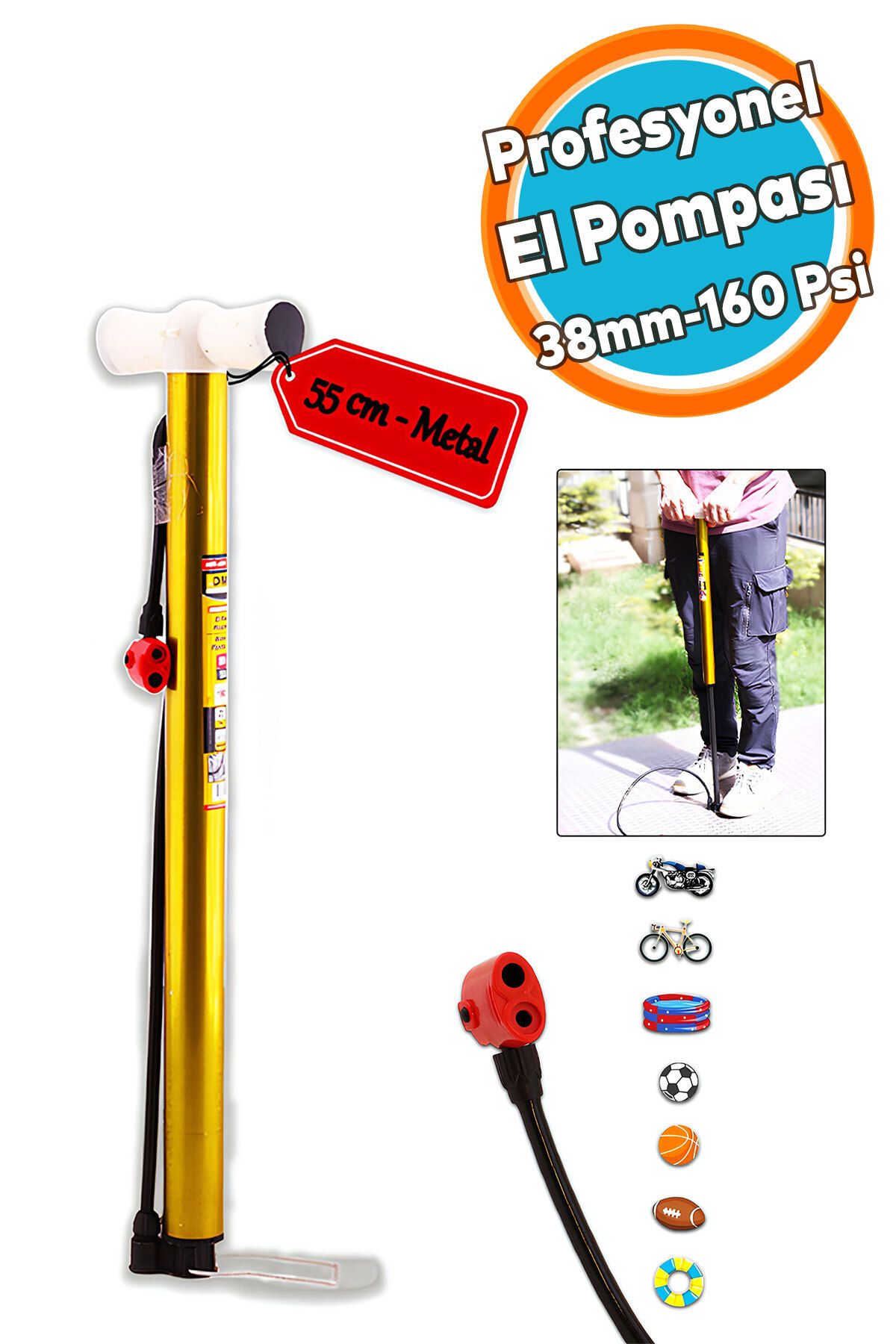 NZB Bisiklet Pompası 55 cm Pratik El Tipi Ayak Tutamaklı Metal Borulu Top Lastik Şambrel Şişirme