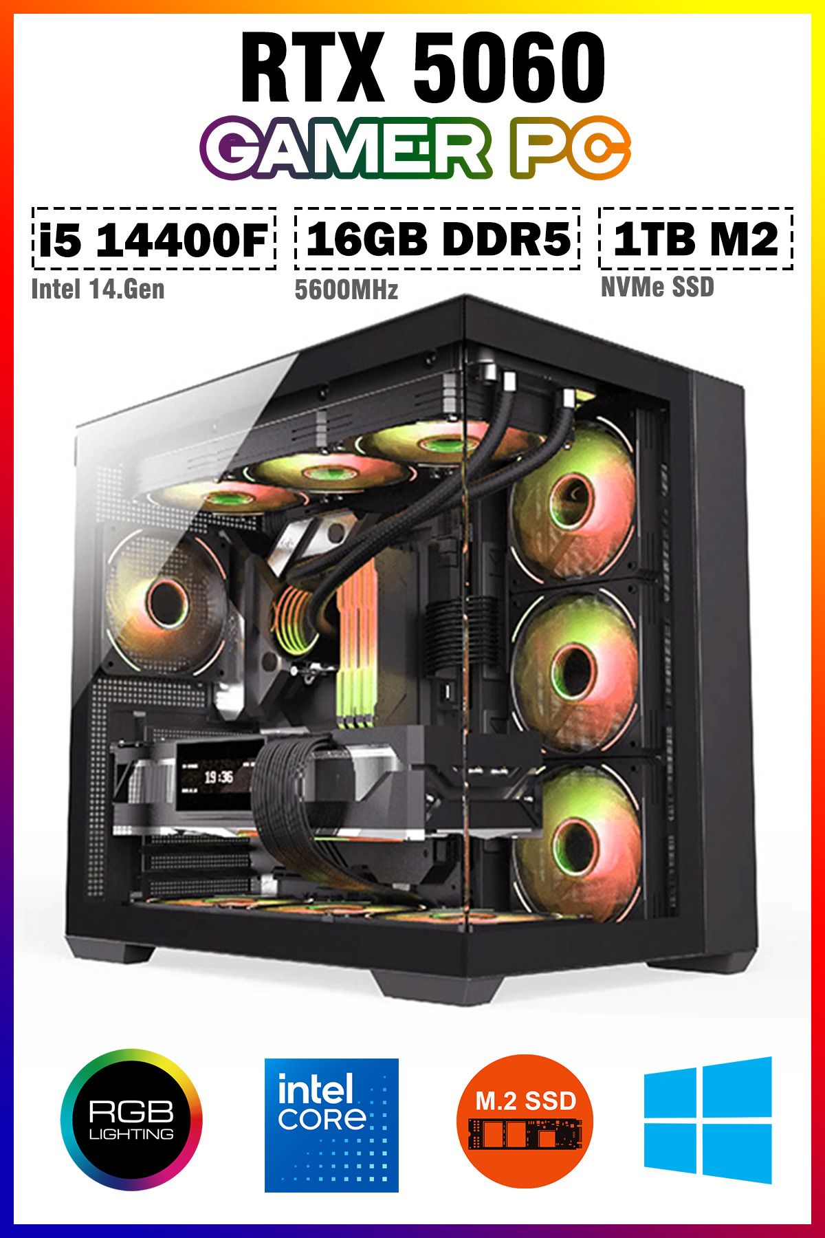 Zeiron Wallpower X9 i5 14400F 16GB DDR5 RAM 1TB M.2 Nvme SSD RTX5060 8GB Sıvı Soğutmalı Oyuncu Bilgisayarı