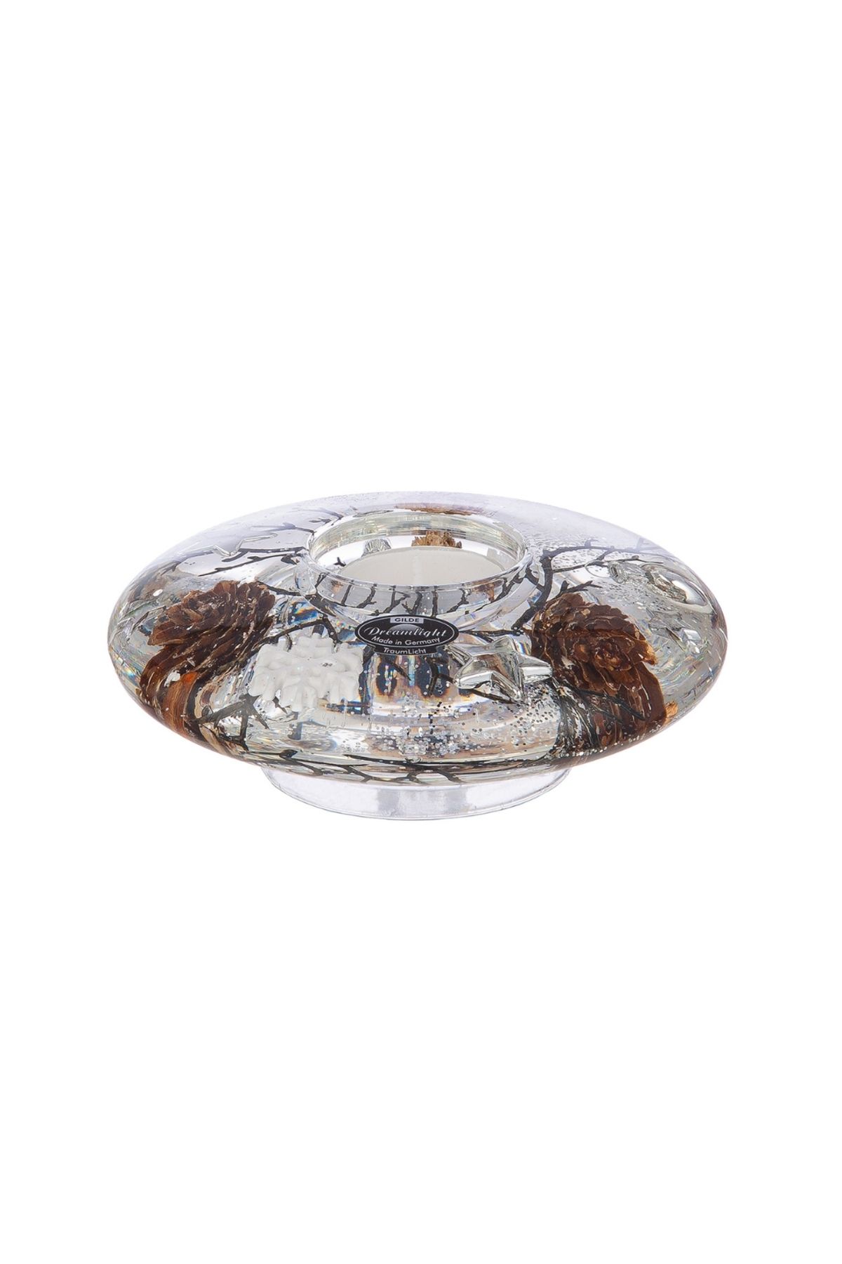 Gilde Dreamlight Tealight Mumluk Çam Kozalağı Motifli Cam Kahverengi Beyaz H.5 Cm D.14 Cm